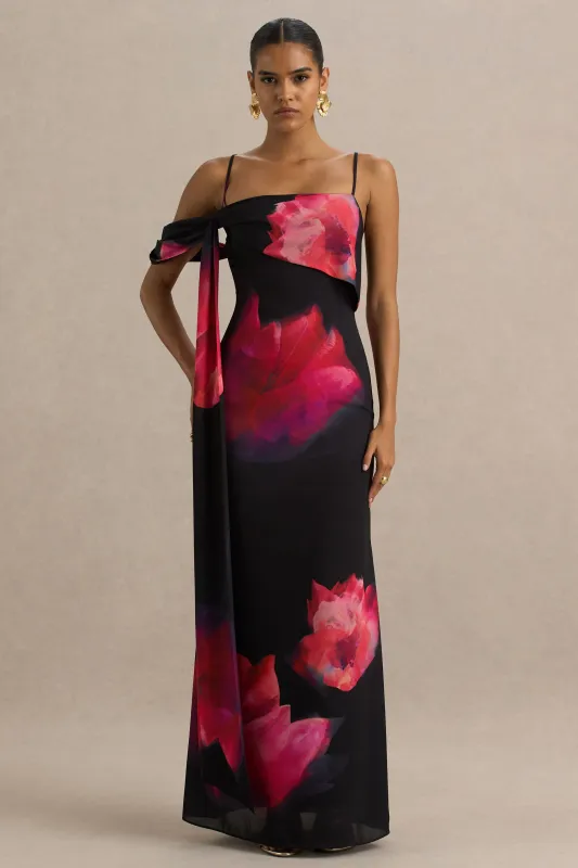 Leonara | Black And Pink Floral Print Cowl-Neck Maxi Dress With One-Sleeve sold by Club L London