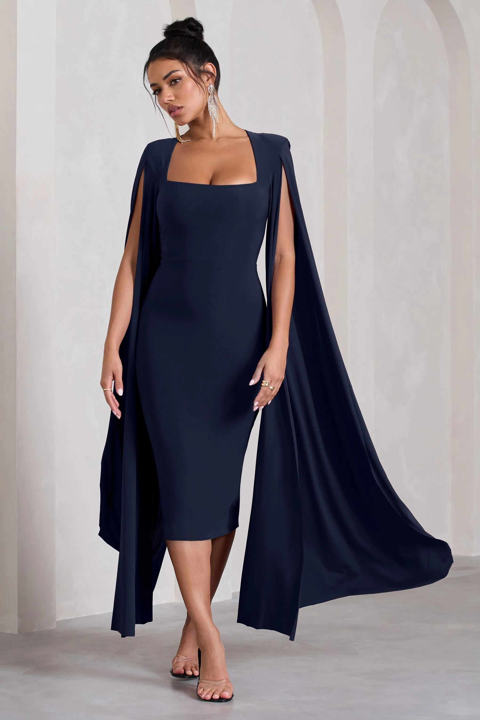 Flawless | Navy Square Neck Midi Dress With Cape Sleeves sold by Club L London product image thumbnail 4