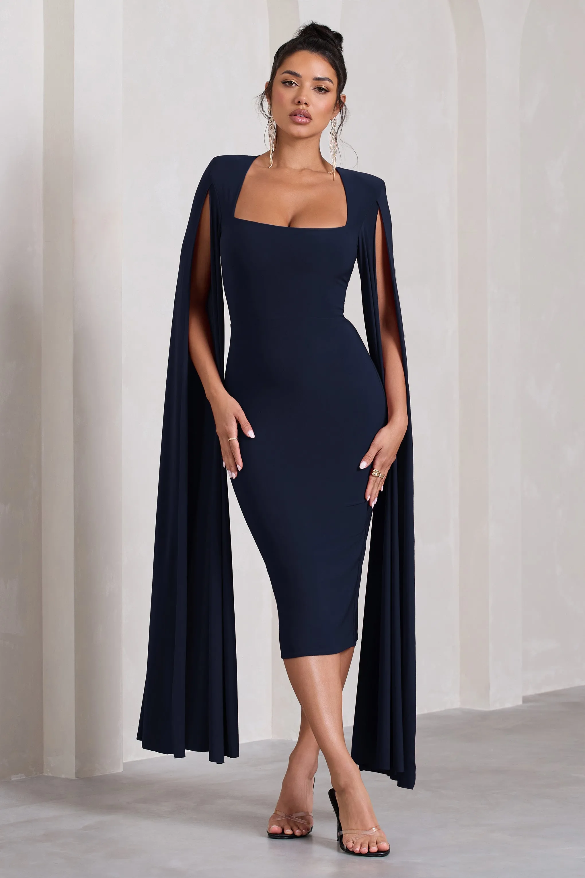 Flawless | Navy Square Neck Midi Dress With Cape Sleeves sold by Club L London