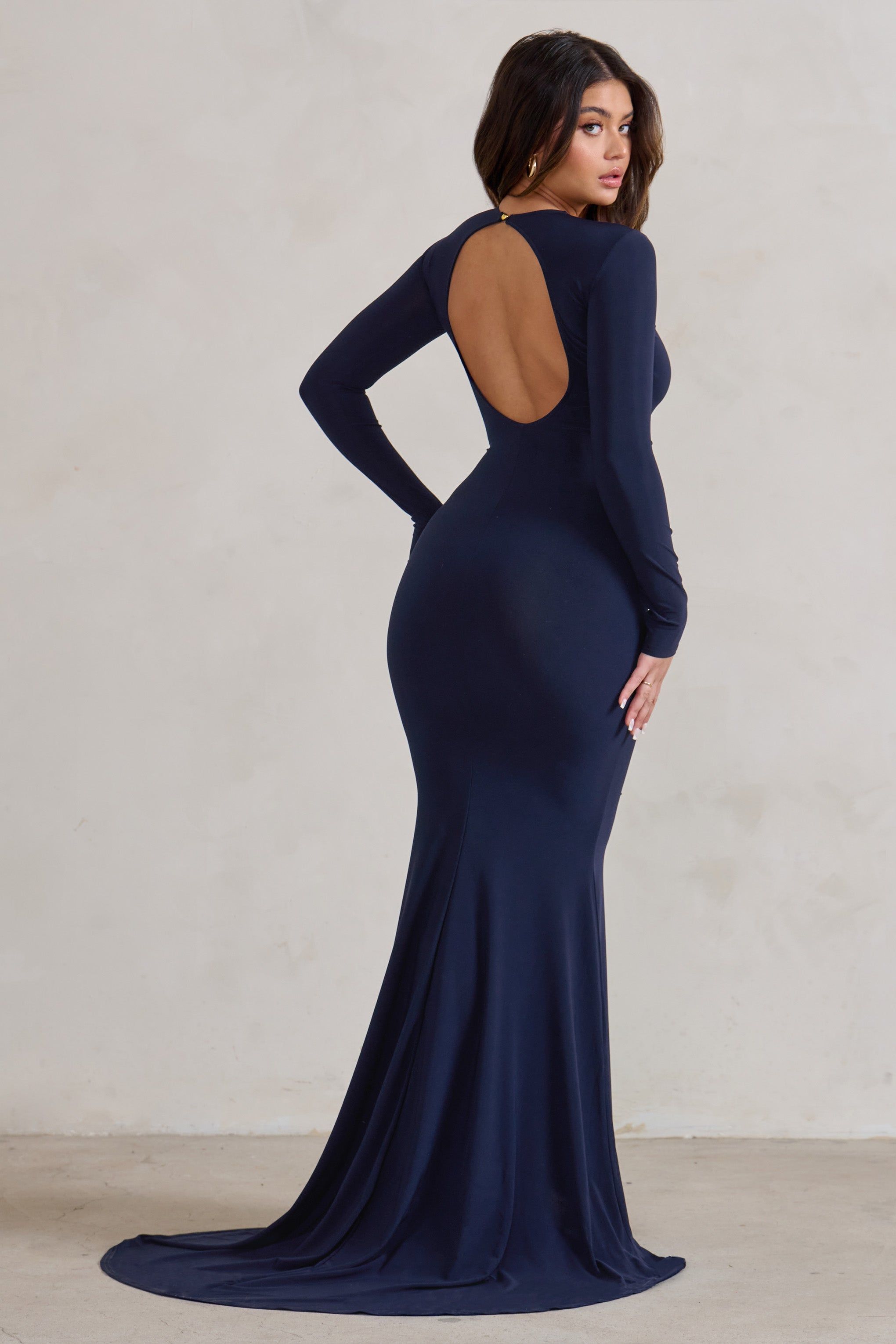 One Step Ahead | Navy Long Sleeve Backless Fishtail Maxi Dress sold by Club L London product image thumbnail 2
