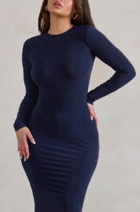 One Step Ahead | Navy Long Sleeve Backless Fishtail Maxi Dress sold by Club L London