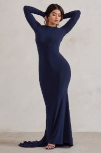 One Step Ahead | Navy Long Sleeve Backless Fishtail Maxi Dress sold by Club L London