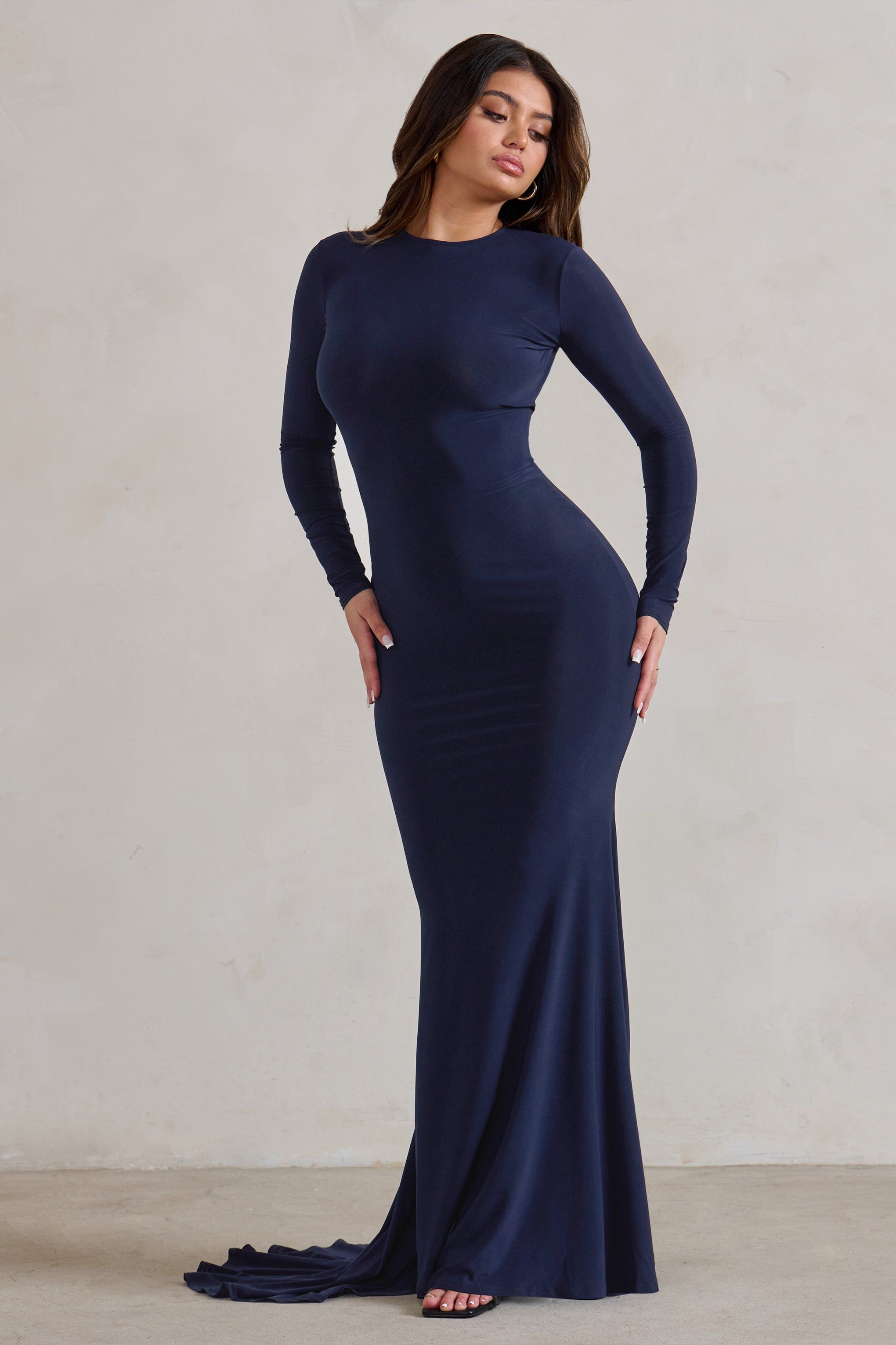 One Step Ahead | Navy Long Sleeve Backless Fishtail Maxi Dress sold by Club L London