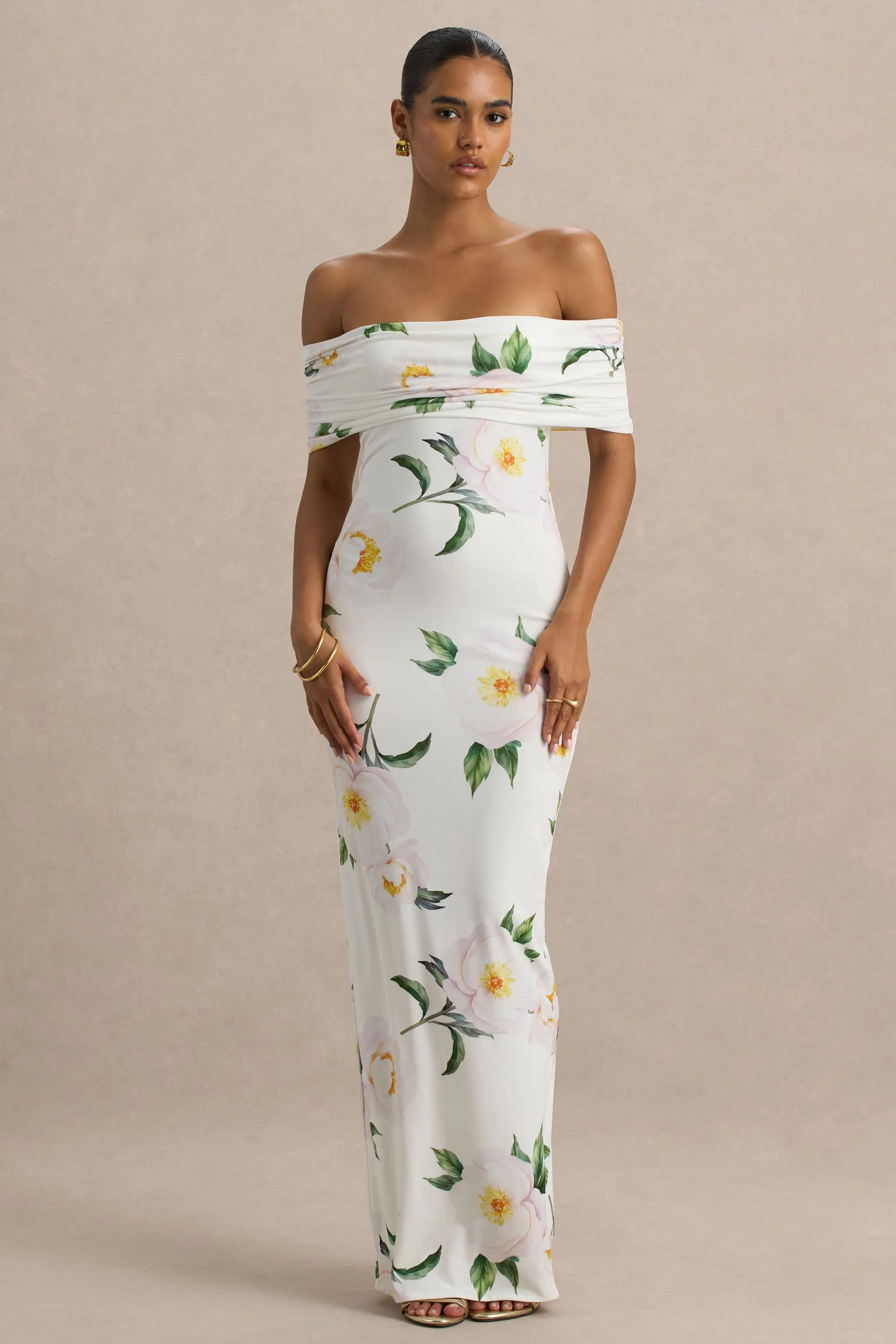 Capri | White Rose Print Bardot-Neck Maxi Dress With Ruched Detailing sold by Club L London