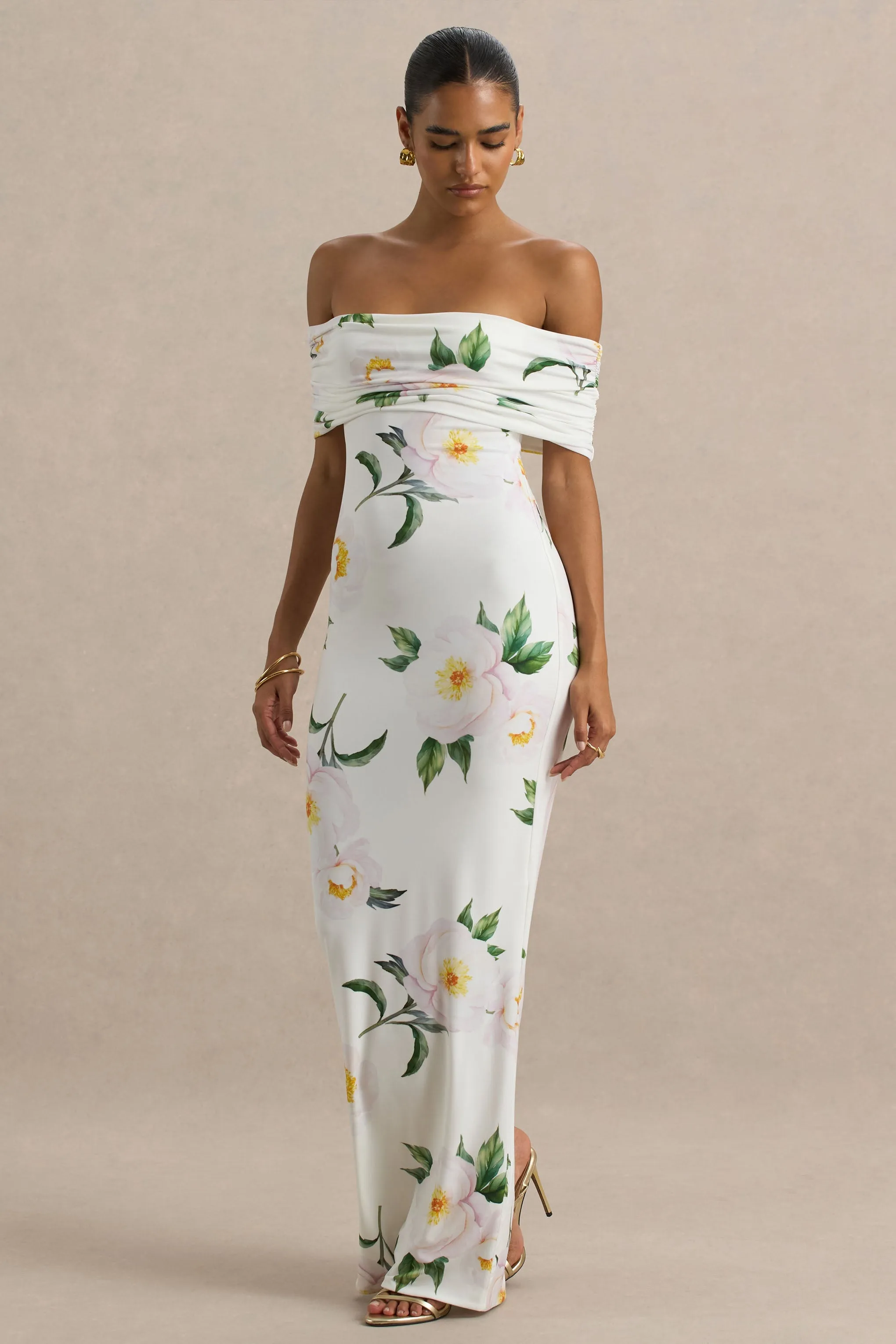 Capri | White Rose Print Bardot-Neck Maxi Dress With Ruched Detailing sold by Club L London product image thumbnail 3