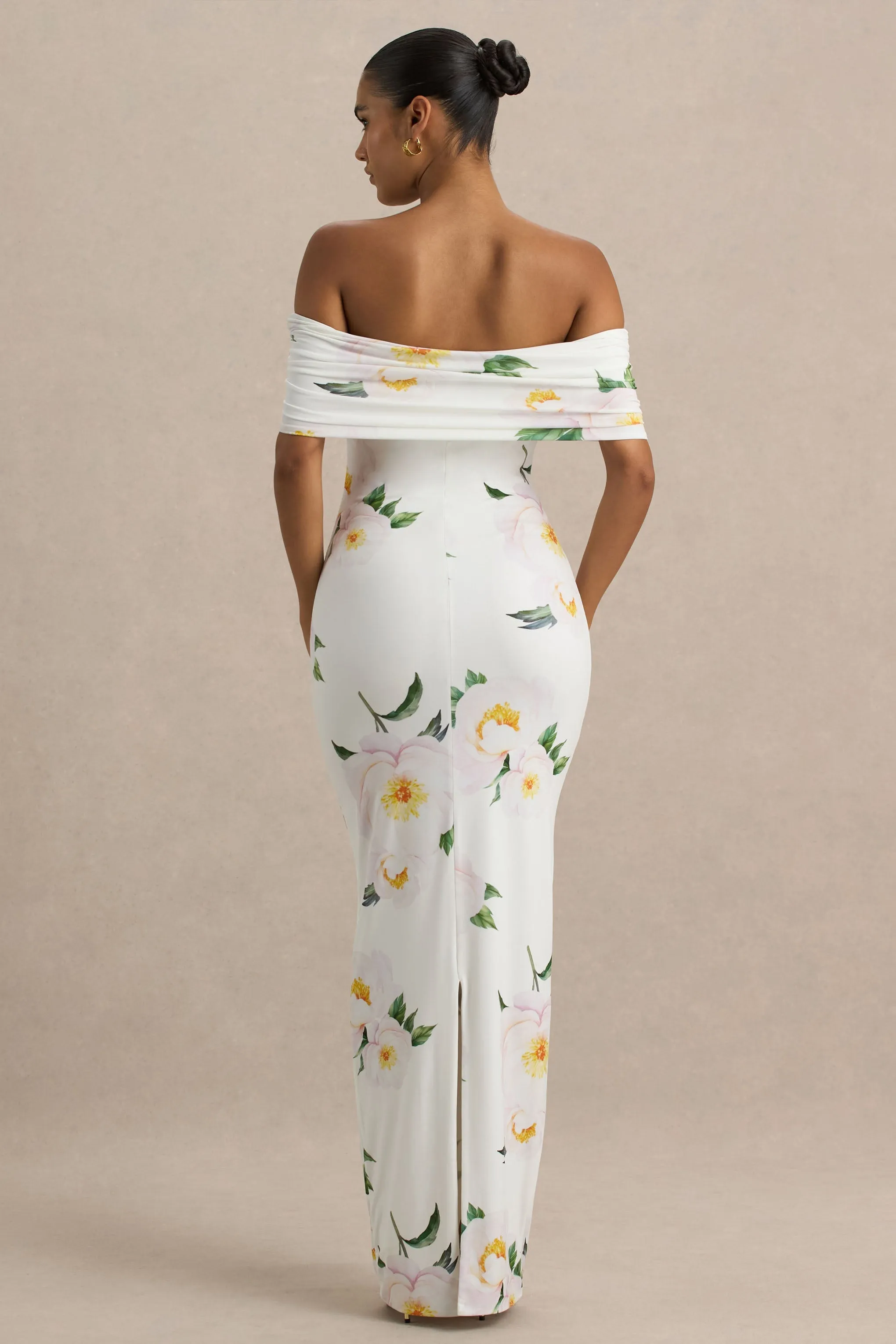 Capri | White Rose Print Bardot-Neck Maxi Dress With Ruched Detailing sold by Club L London product image thumbnail 2