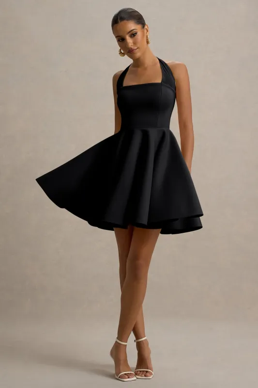 Peggy | Black Halter-Neck Skater Mini Dress sold by Club L London