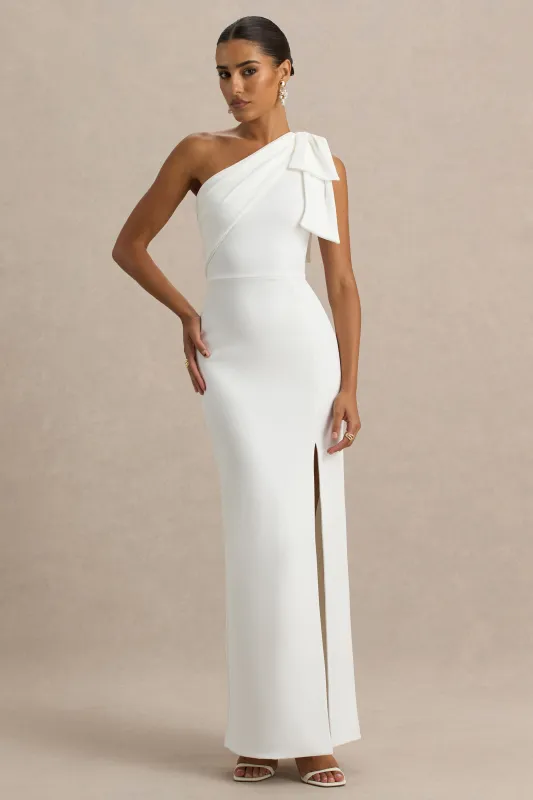 Kiri | White One-Shoulder Bow Maxi Dress sold by Club L London