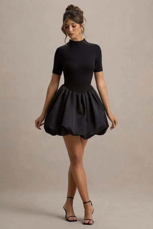 Blake | Black Short-Sleeve Mini Dress With Satin Puffball Skirt sold by Club L London