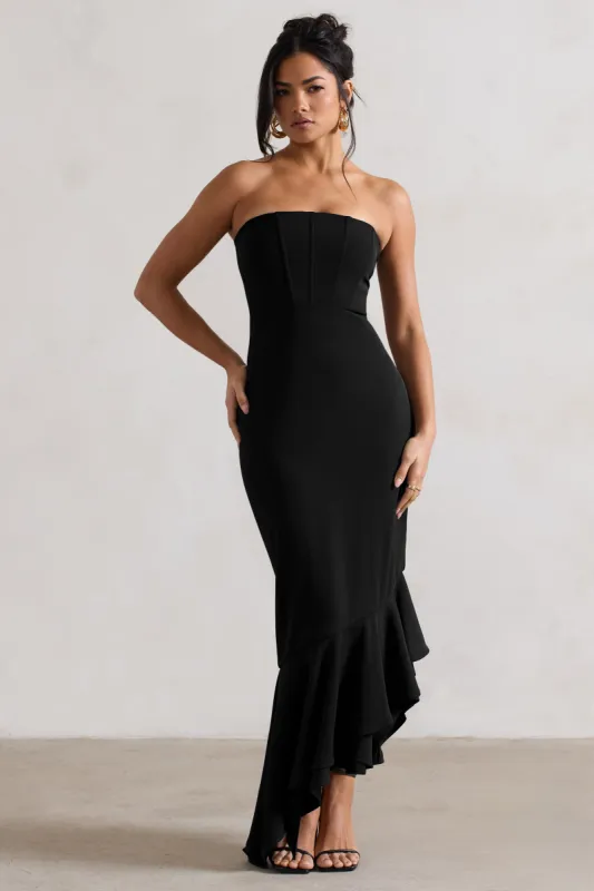Sandy | Black Strapless Corset Asymmetric Maxi Dress sold by Club L London