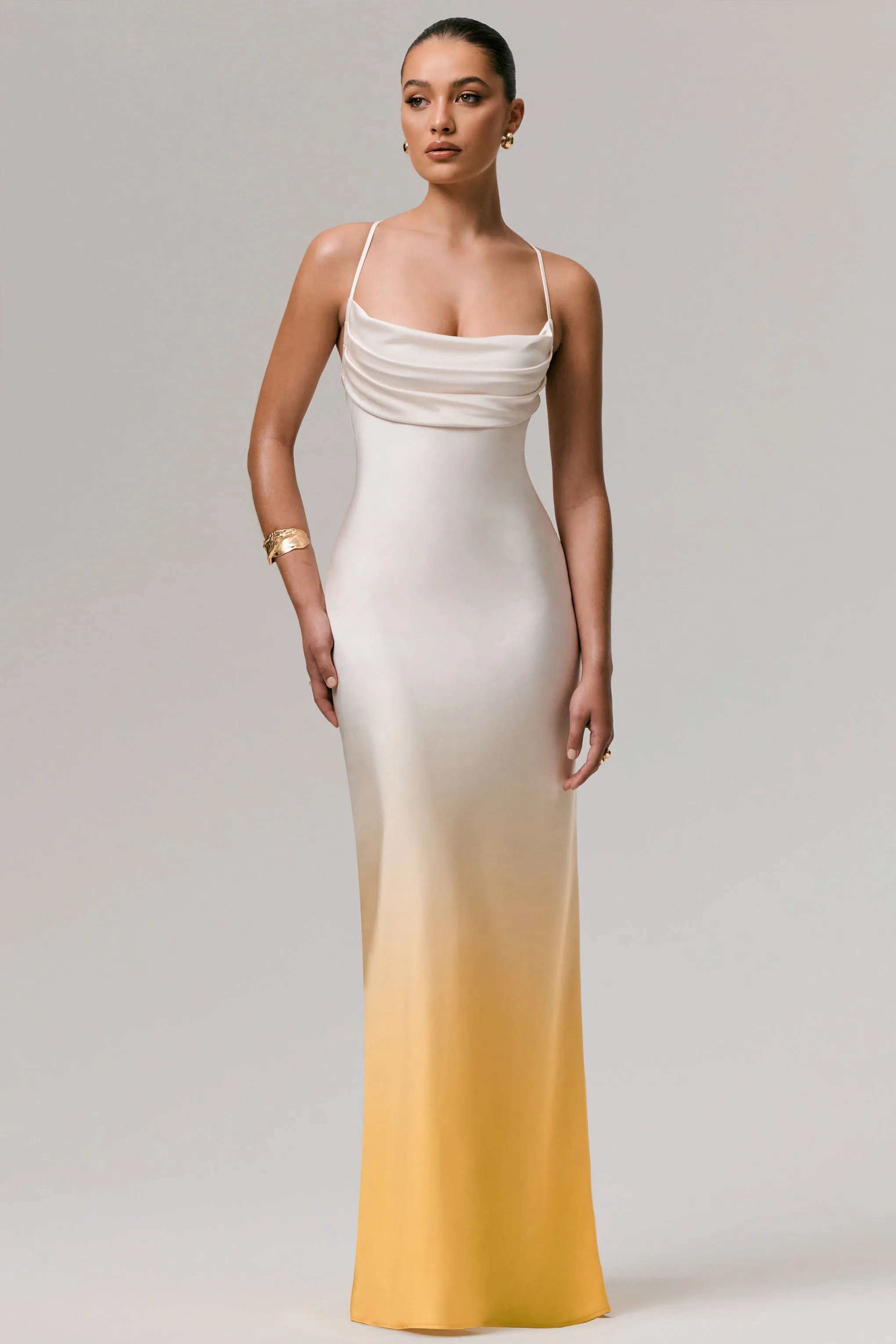 Lucie | Yellow Ombre Satin Cowl-Neck Maxi Dress sold by Club L London product image thumbnail 4