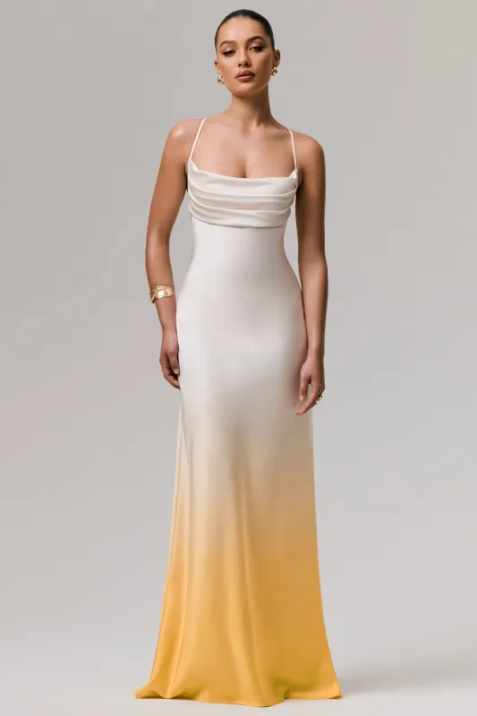 Lucie | Yellow Ombre Satin Cowl-Neck Maxi Dress sold by Club L London
