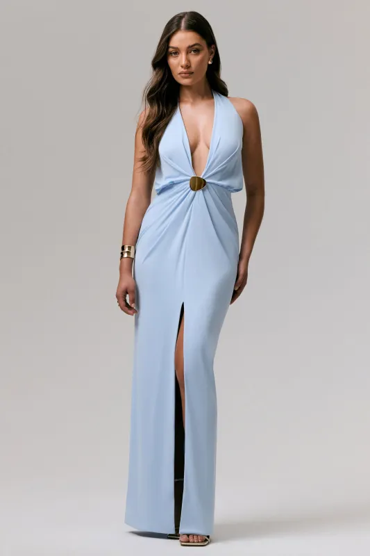 Shooting Star | Powder Blue Plunge-Neck Wrap Maxi Dress With Waist Detail sold by Club L London