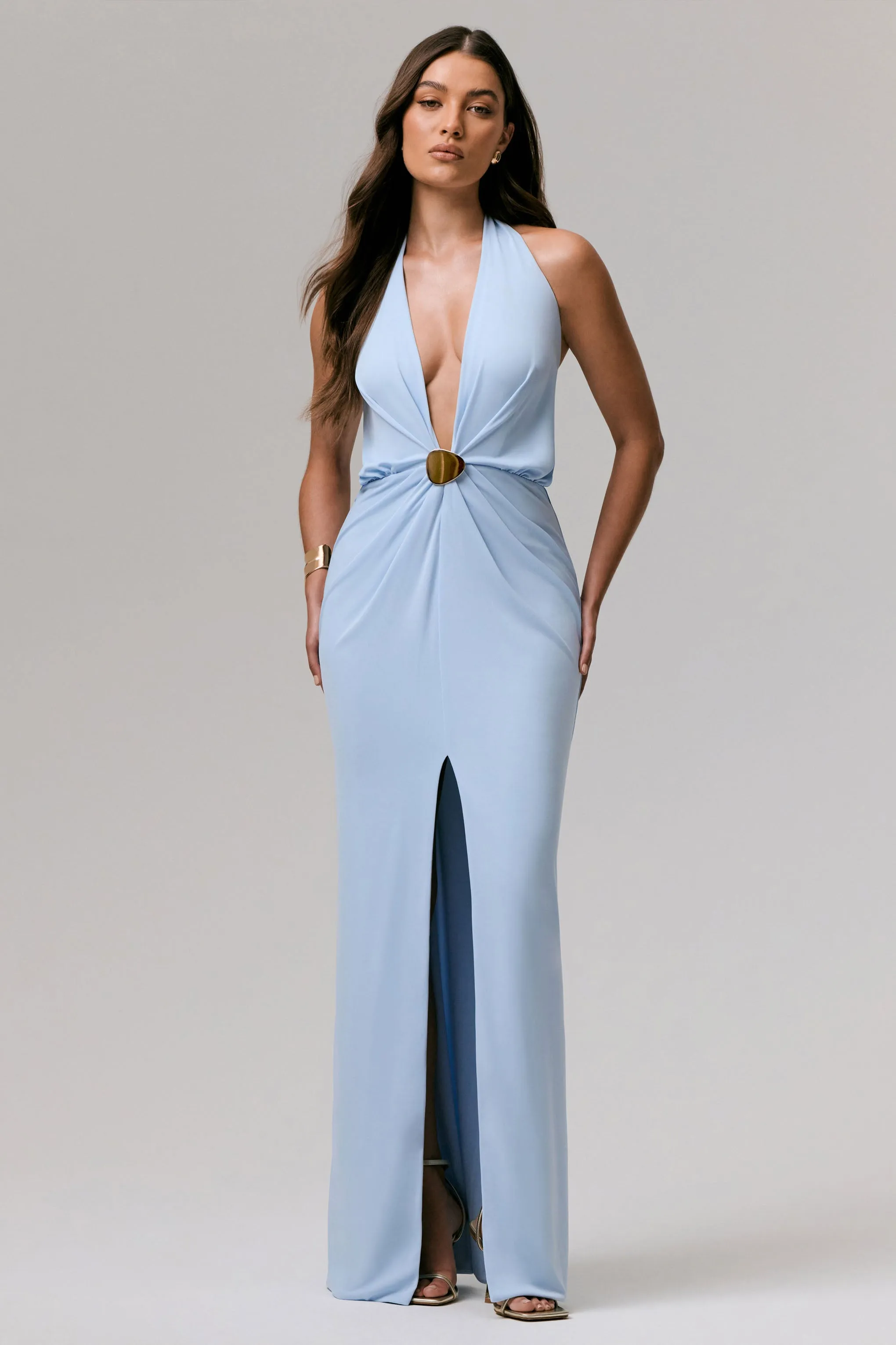 Shooting Star | Powder Blue Plunge-Neck Wrap Maxi Dress With Waist Detail sold by Club L London product image thumbnail 4