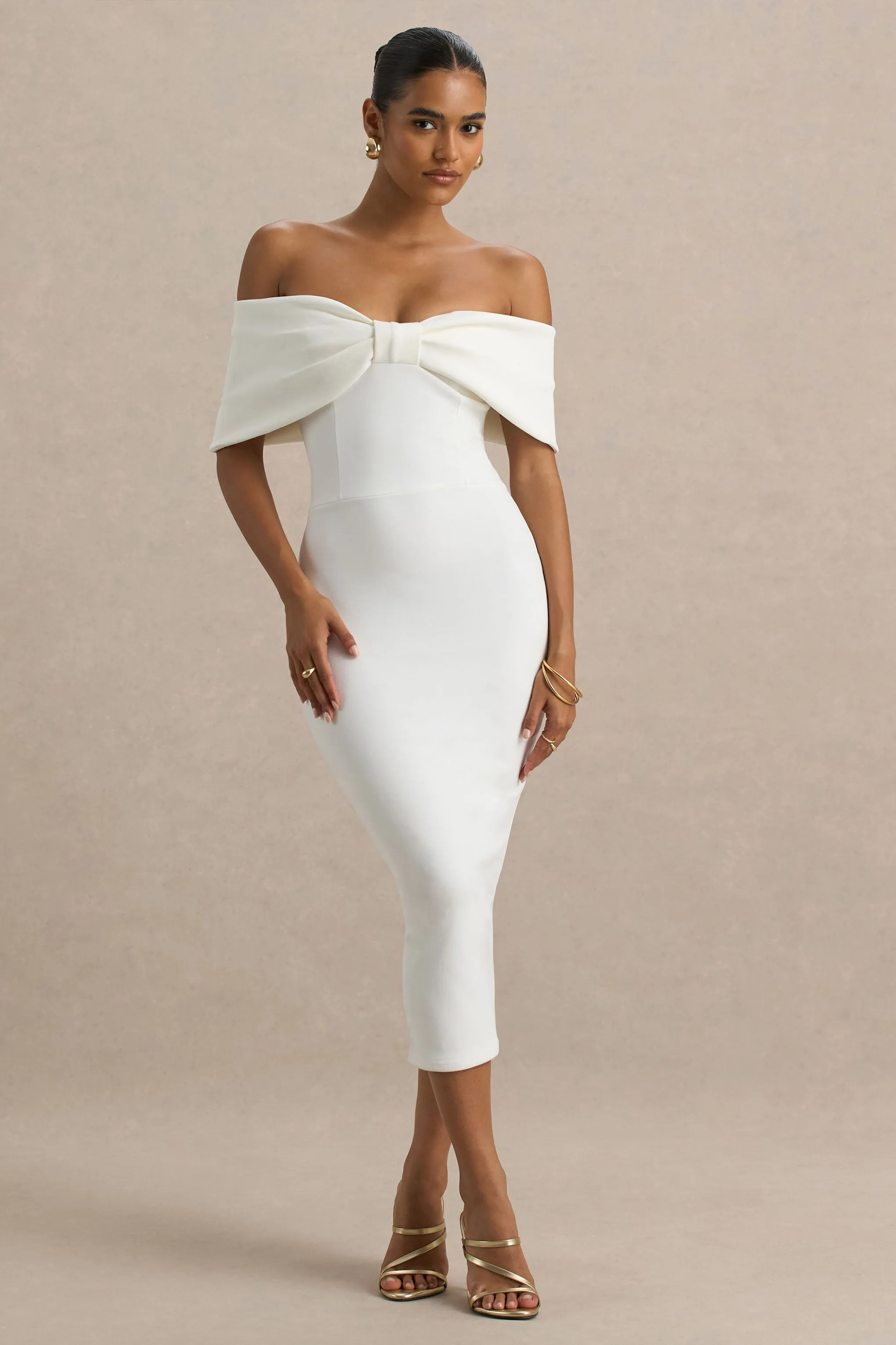 Bayshore | White Bow Bardot Midi Dress sold by Club L London