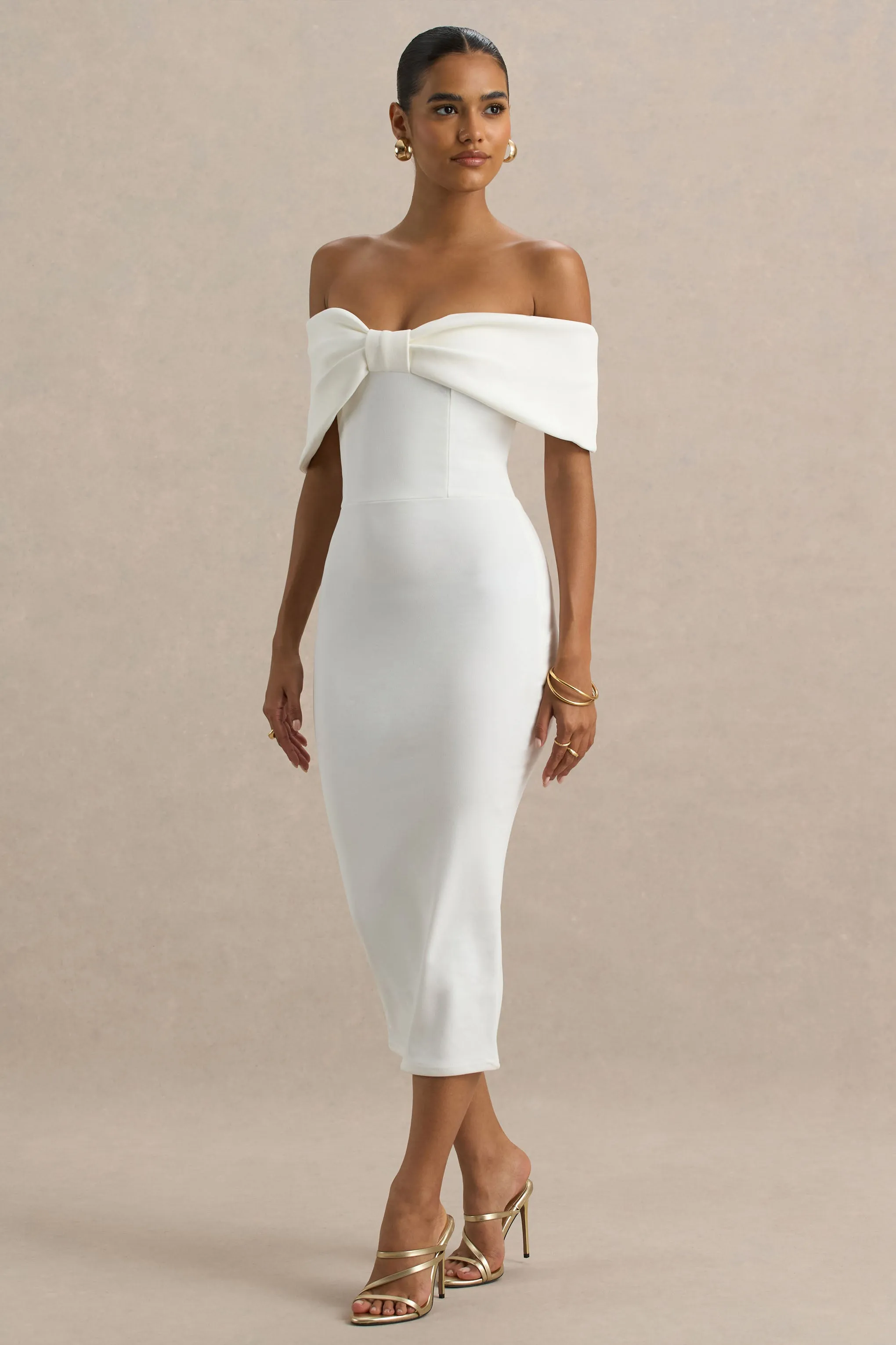 Bayshore | White Bow Bardot Midi Dress sold by Club L London product image thumbnail 3