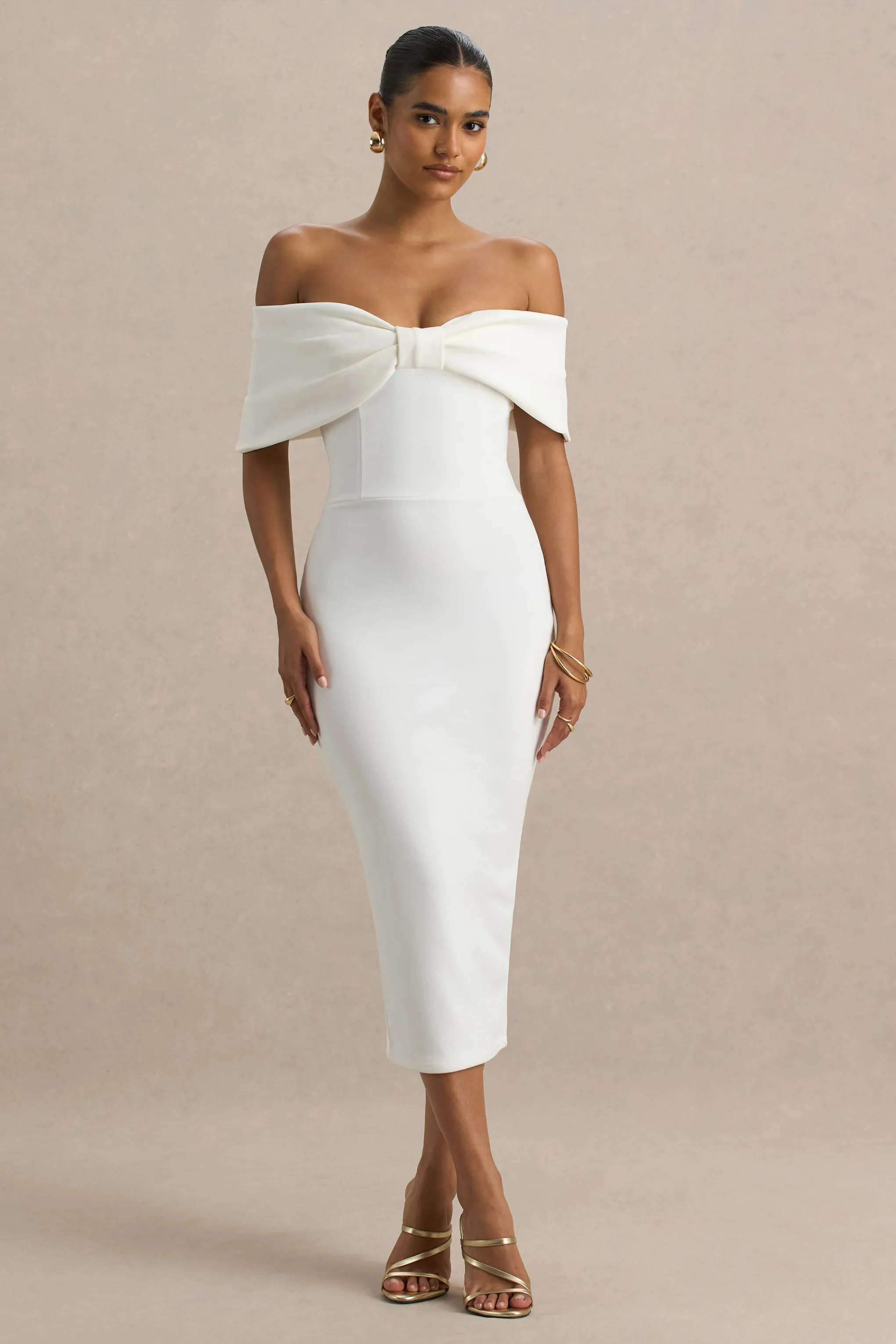 Bayshore | White Bow Bardot Midi Dress sold by Club L London product image thumbnail 4
