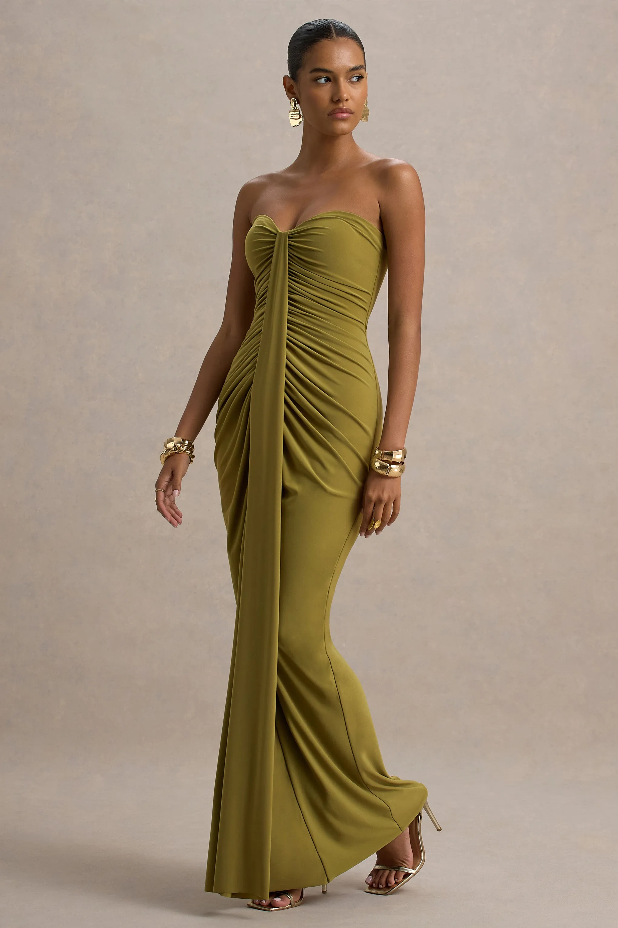 Ali | Olive Sweetheart Ruched Wrap Maxi Dress sold by Club L London product image thumbnail 5
