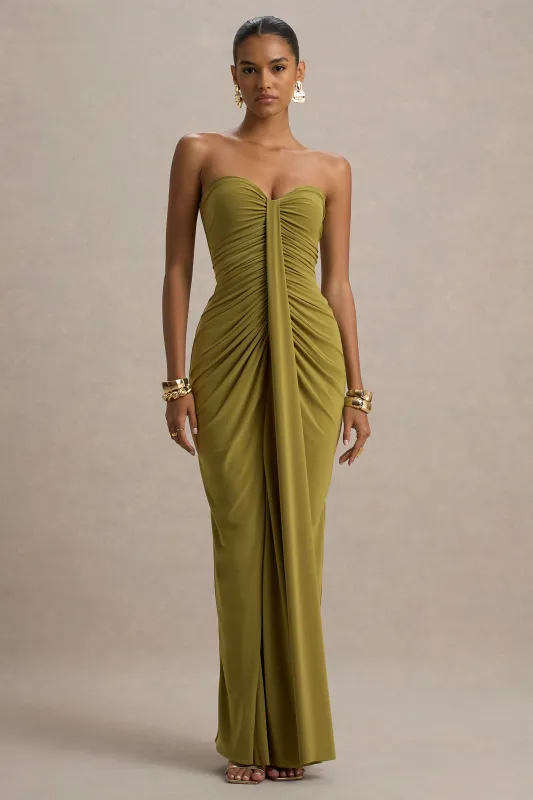 Ali | Olive Sweetheart Ruched Wrap Maxi Dress sold by Club L London