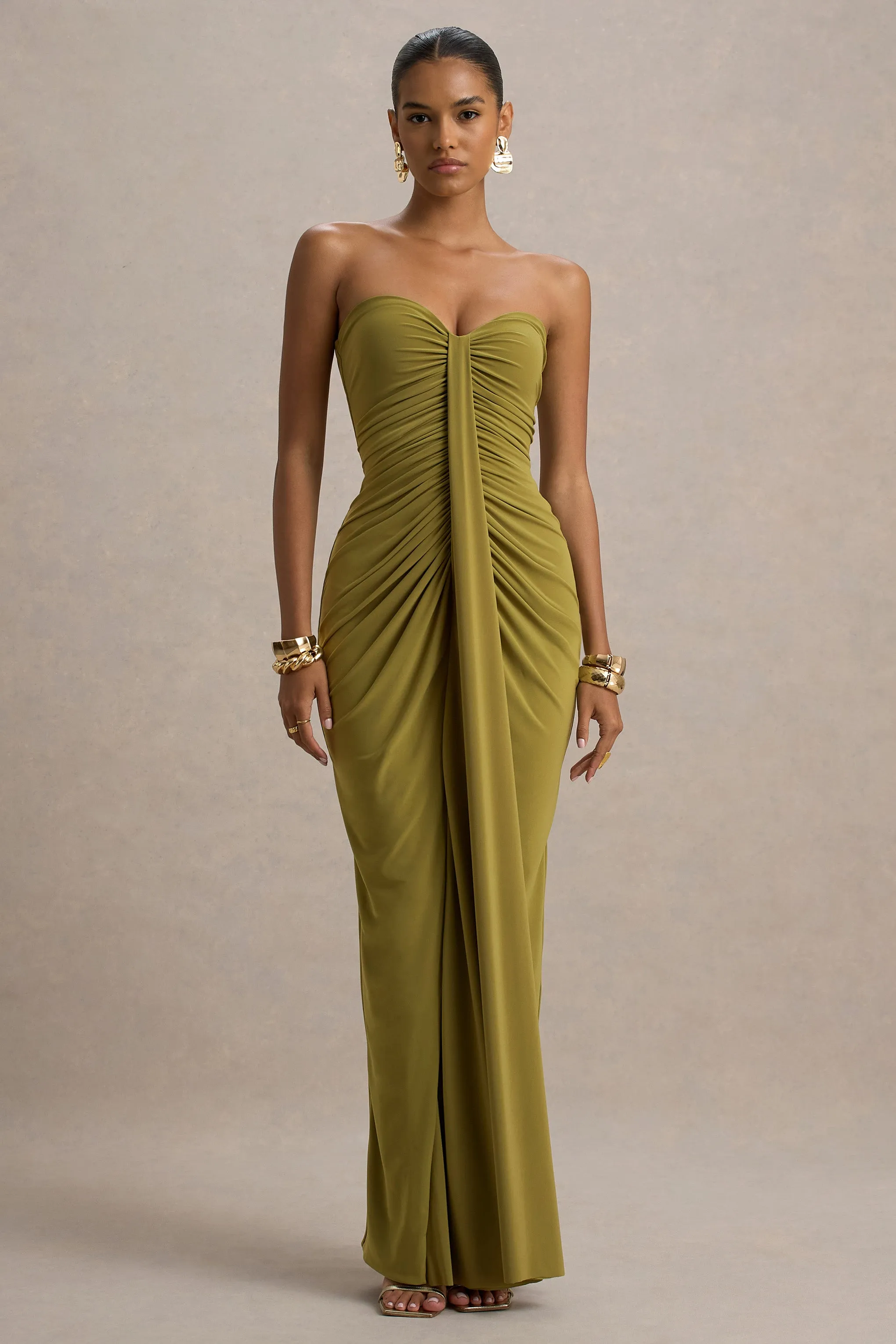 Ali | Olive Sweetheart Ruched Wrap Maxi Dress sold by Club L London