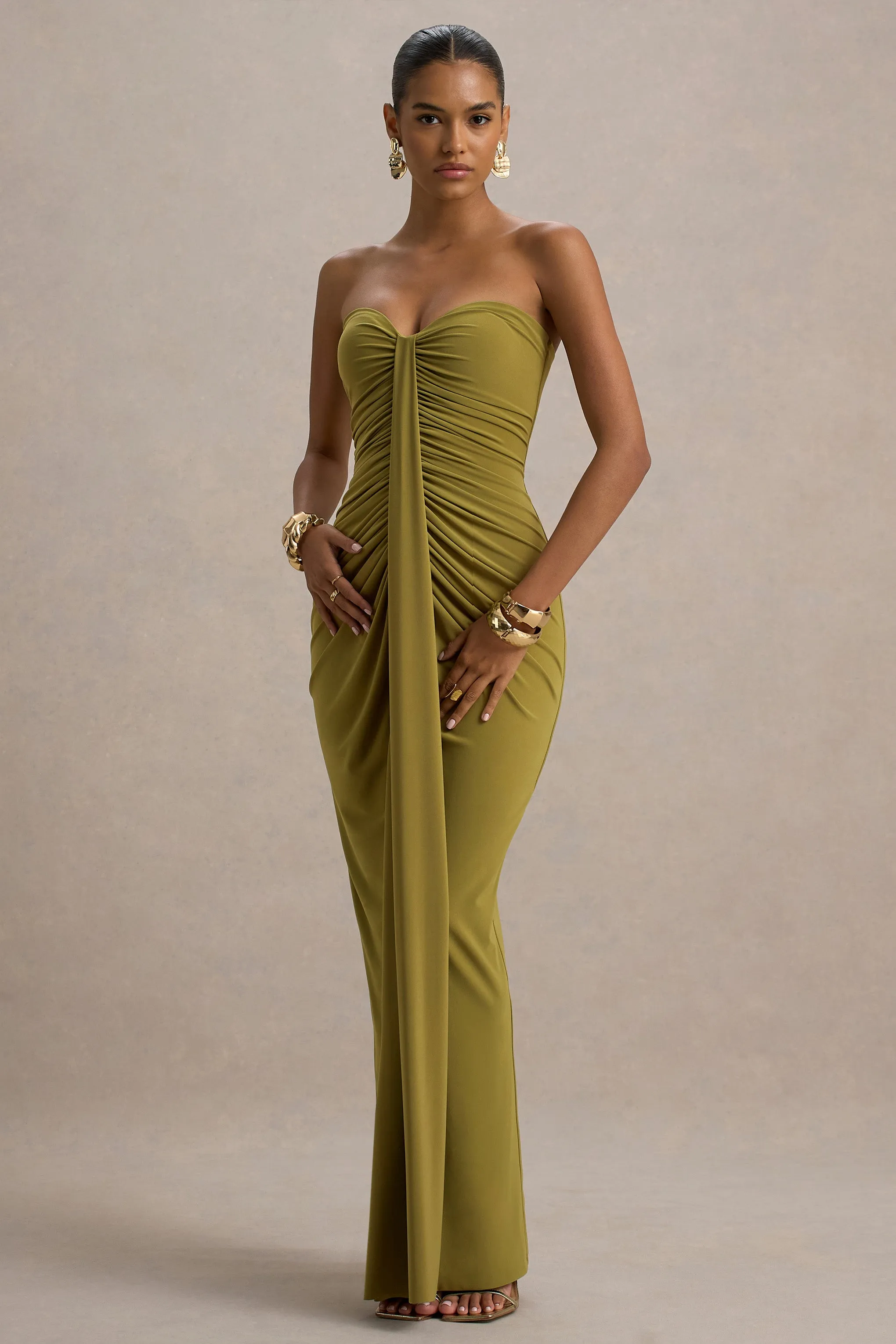 Ali | Olive Sweetheart Ruched Wrap Maxi Dress sold by Club L London product image thumbnail 4