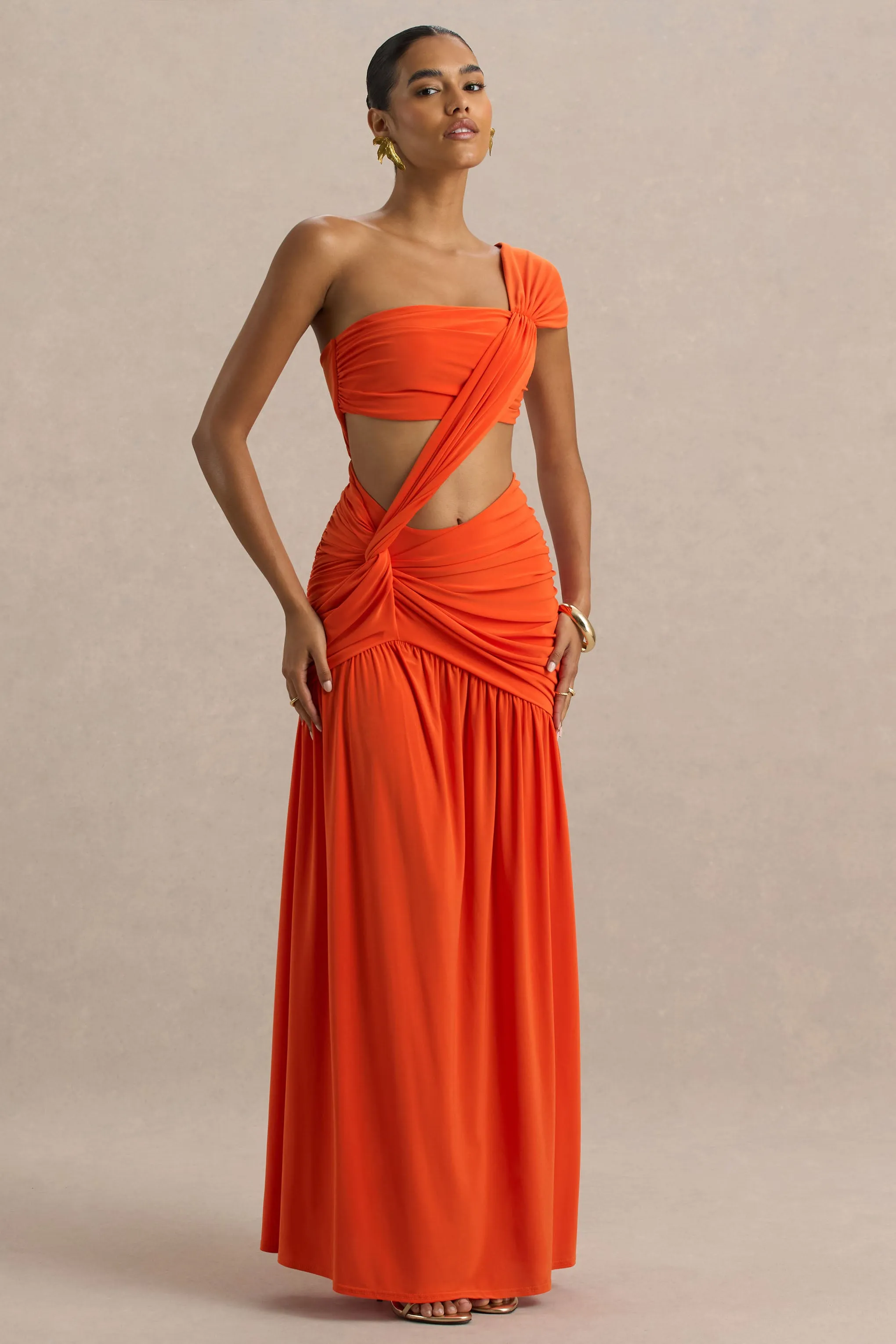 Cadiz | Orange Asymmetric Maxi Dress With Cut-Out Detail and Open-Back sold by Club L London product image thumbnail 5