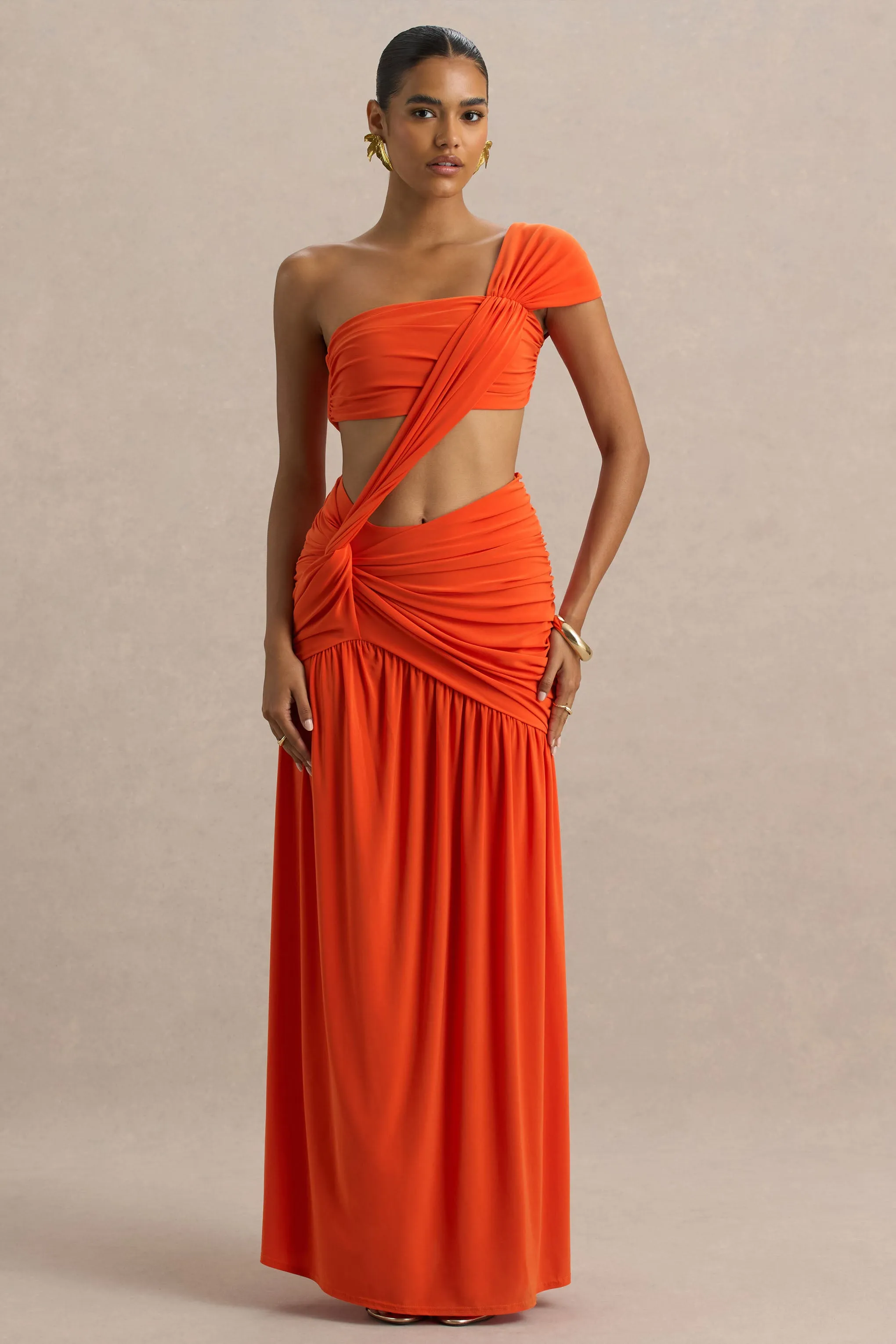 Cadiz | Orange Asymmetric Maxi Dress With Cut-Out Detail and Open-Back sold by Club L London