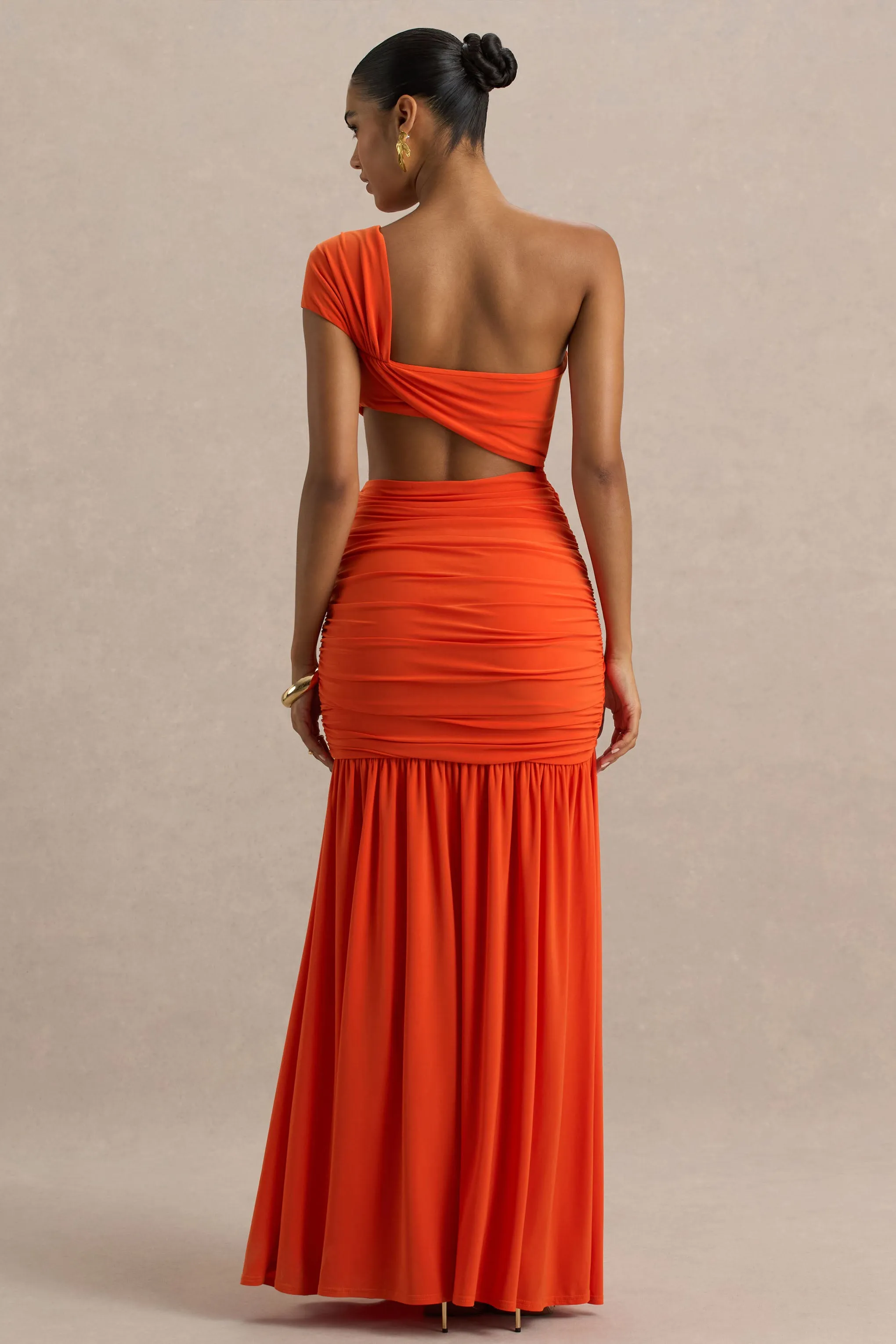 Cadiz | Orange Asymmetric Maxi Dress With Cut-Out Detail and Open-Back sold by Club L London product image thumbnail 2