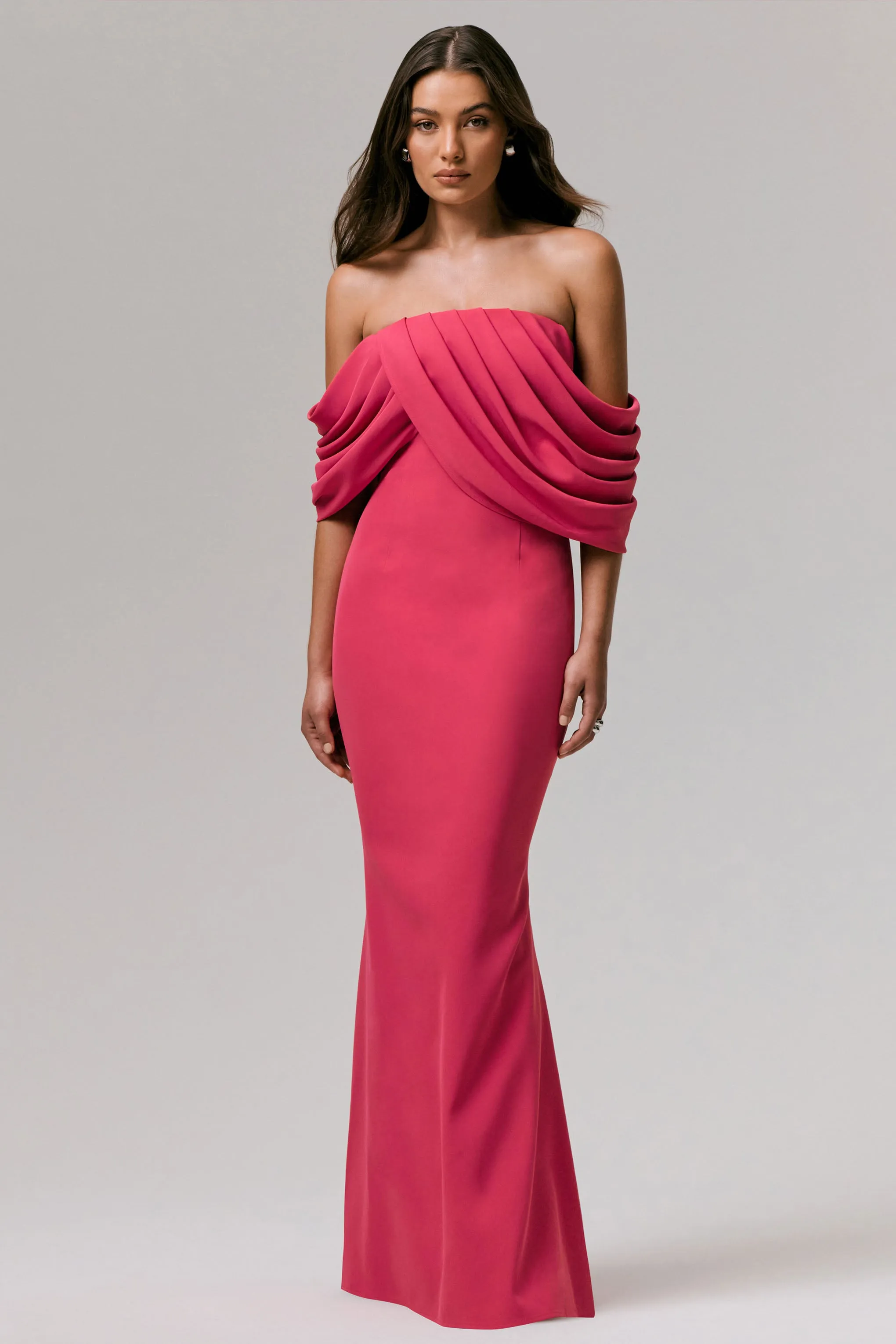 Serene | Hot Pink Draped Bardot Maxi Dress sold by Club L London