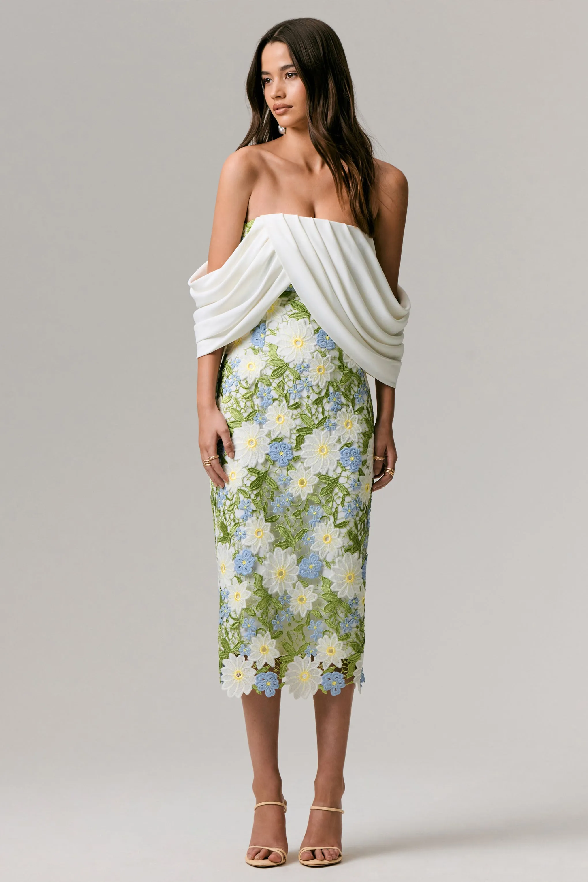 Entitled | Cream Floral Lace Bardot Midi Dress sold by Club L London product image thumbnail 3