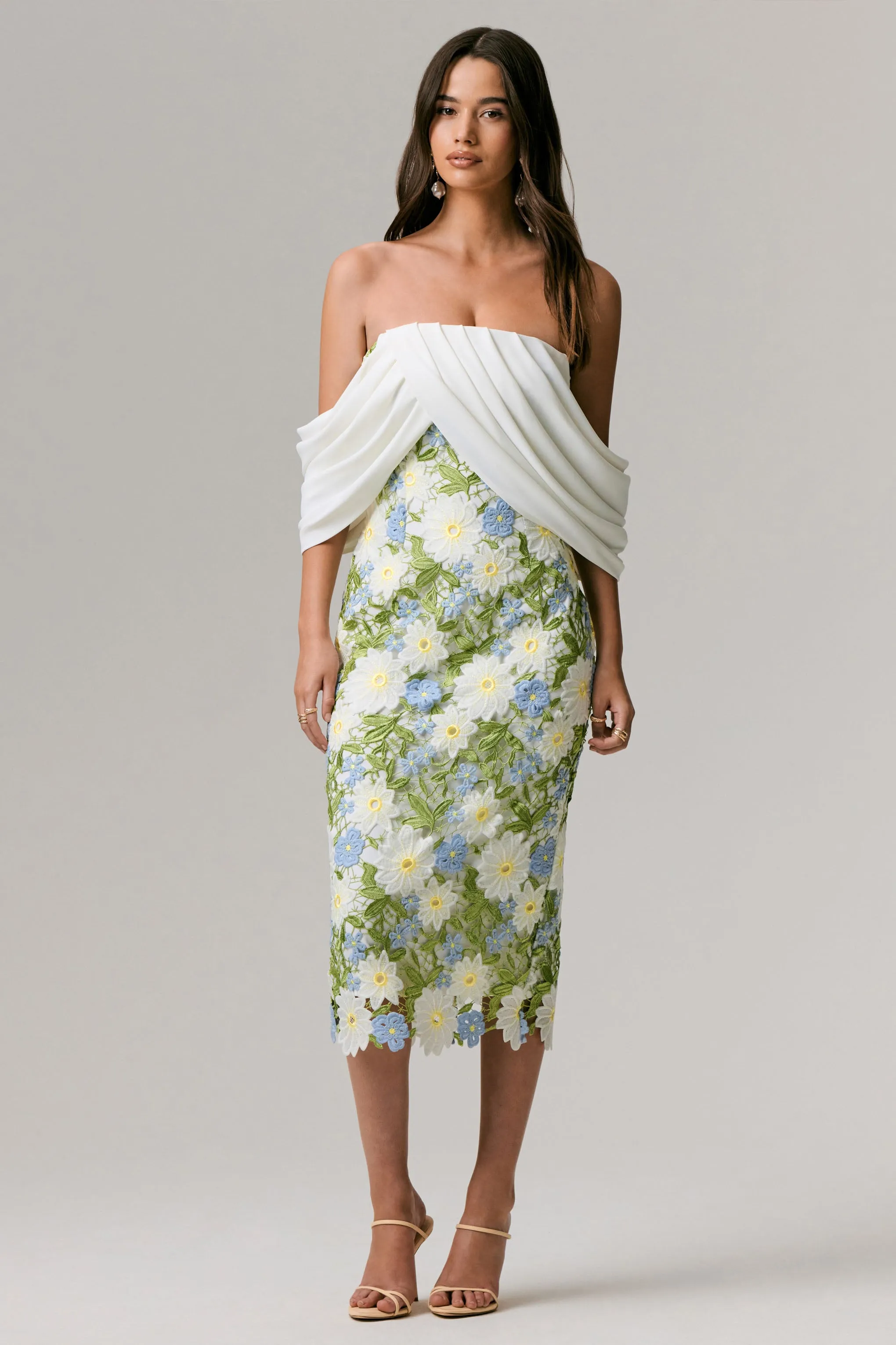 Entitled | Cream Floral Lace Bardot Midi Dress sold by Club L London