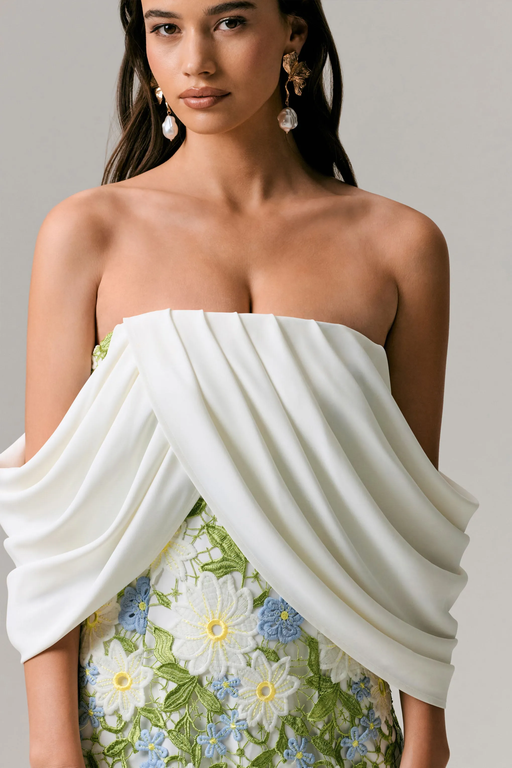 Entitled | Cream Floral Lace Bardot Midi Dress sold by Club L London product image thumbnail 5