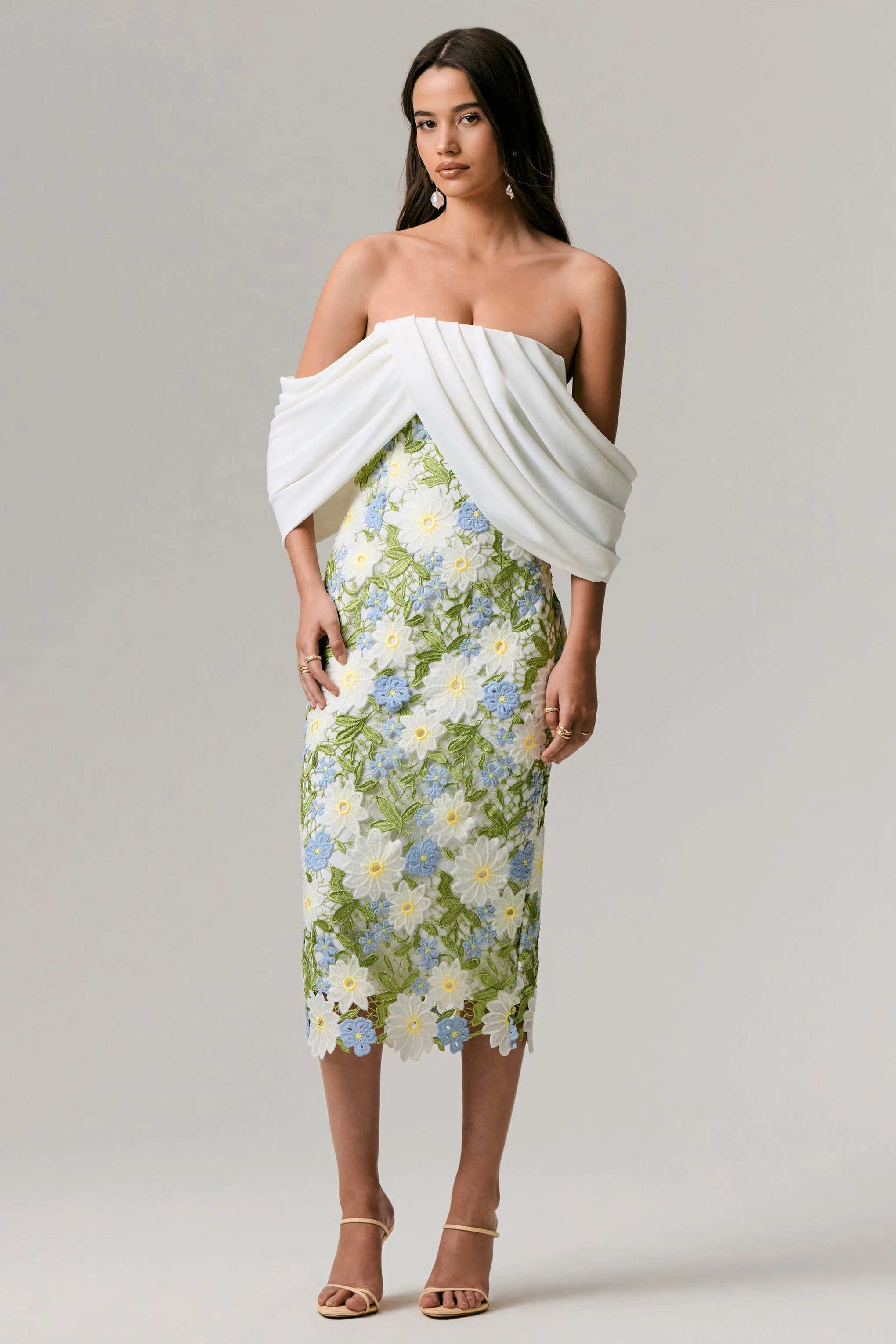 Entitled | Cream Floral Lace Bardot Midi Dress sold by Club L London product image thumbnail 4