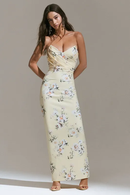 Fierce | Lemon Print Asymmetric Ruched Maxi Dress made by Club L London