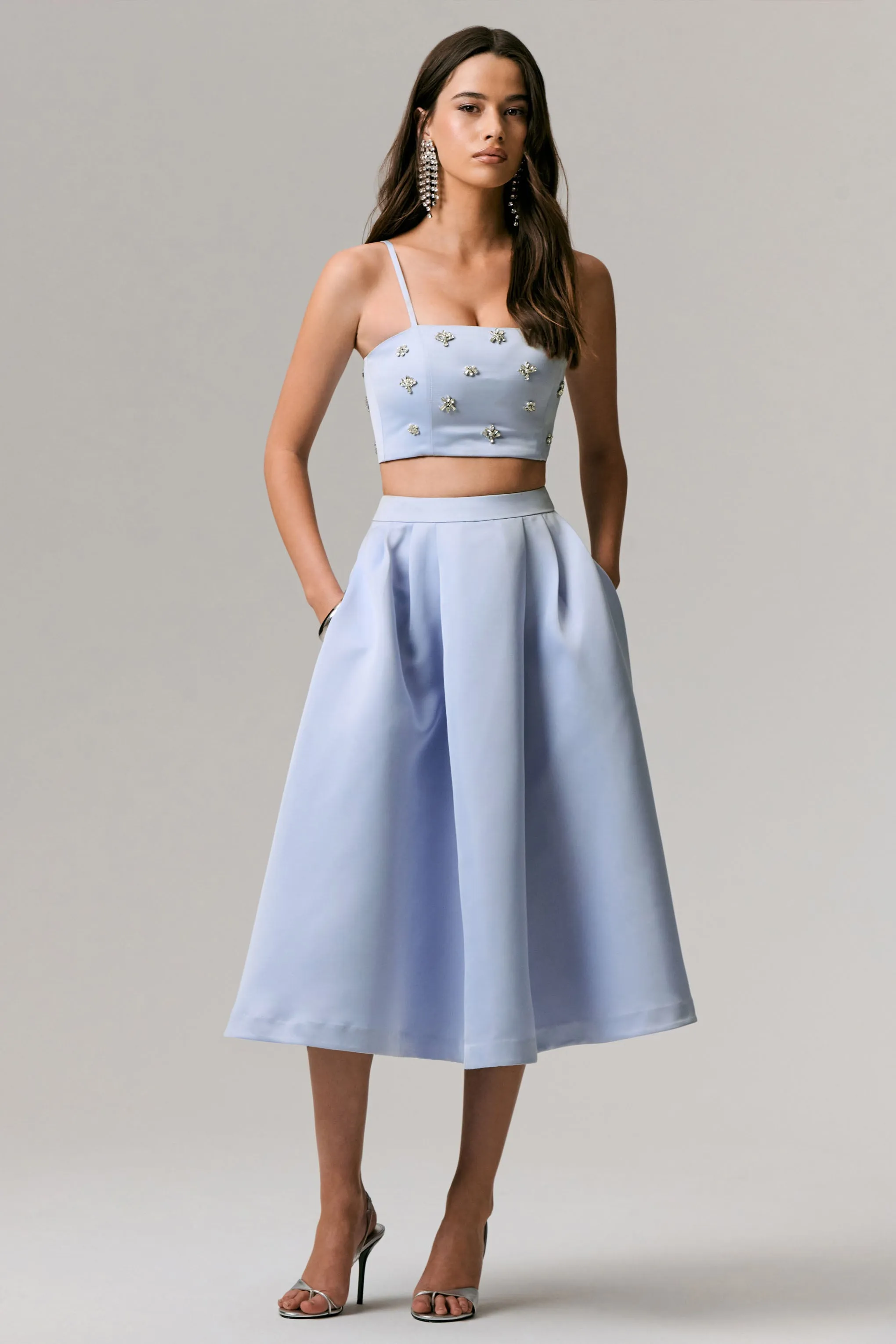 Iris | Blue Satin Pleated Midi Skirt sold by Club L London