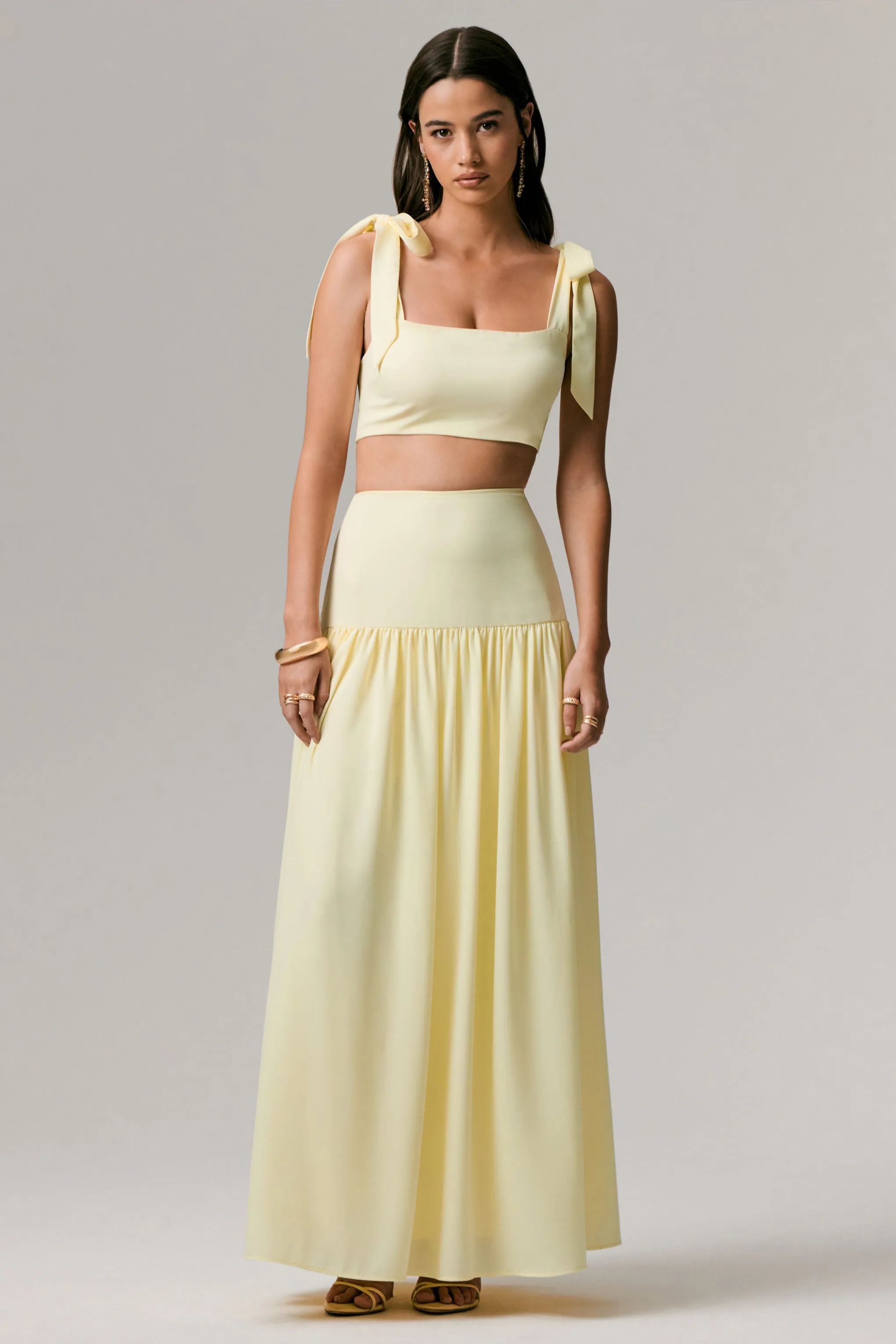 Reminiscent | Lemon Ruched Maxi Skirt sold by Club L London