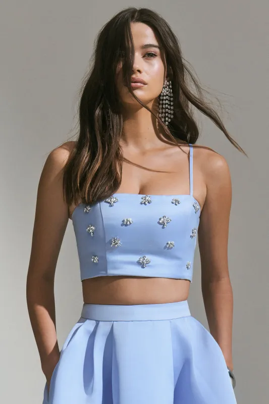 Vienna | Blue Embellished Satin Crop Top sold by Club L London