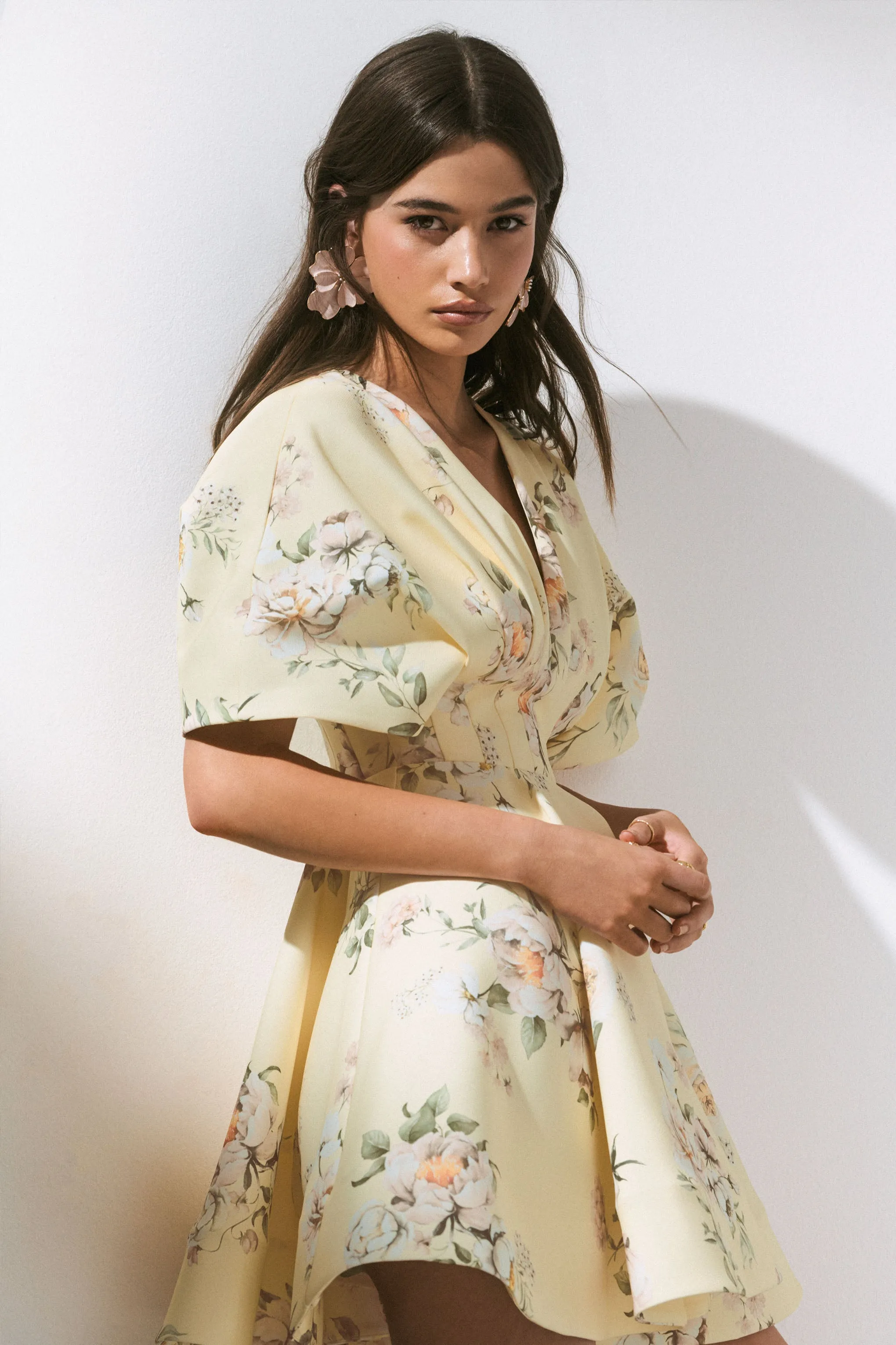 Delight | Lemon Print Plunge-Neck Ruffled Mini Dress sold by Club L London