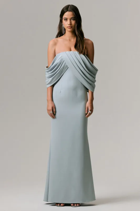 Serene | Powder Blue Draped Bardot Maxi Dress sold by Club L London
