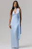 True Icon | Powder Blue Satin V-Neck Maxi Slip Dress With Sash sold by Club L London