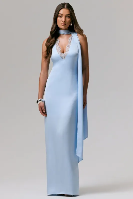 True Icon | Powder Blue Satin V-Neck Maxi Slip Dress With Sash sold by Club L London