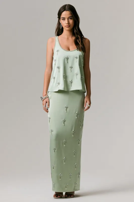 Lena | Mint Satin Embellished Maxi Skirt sold by Club L London