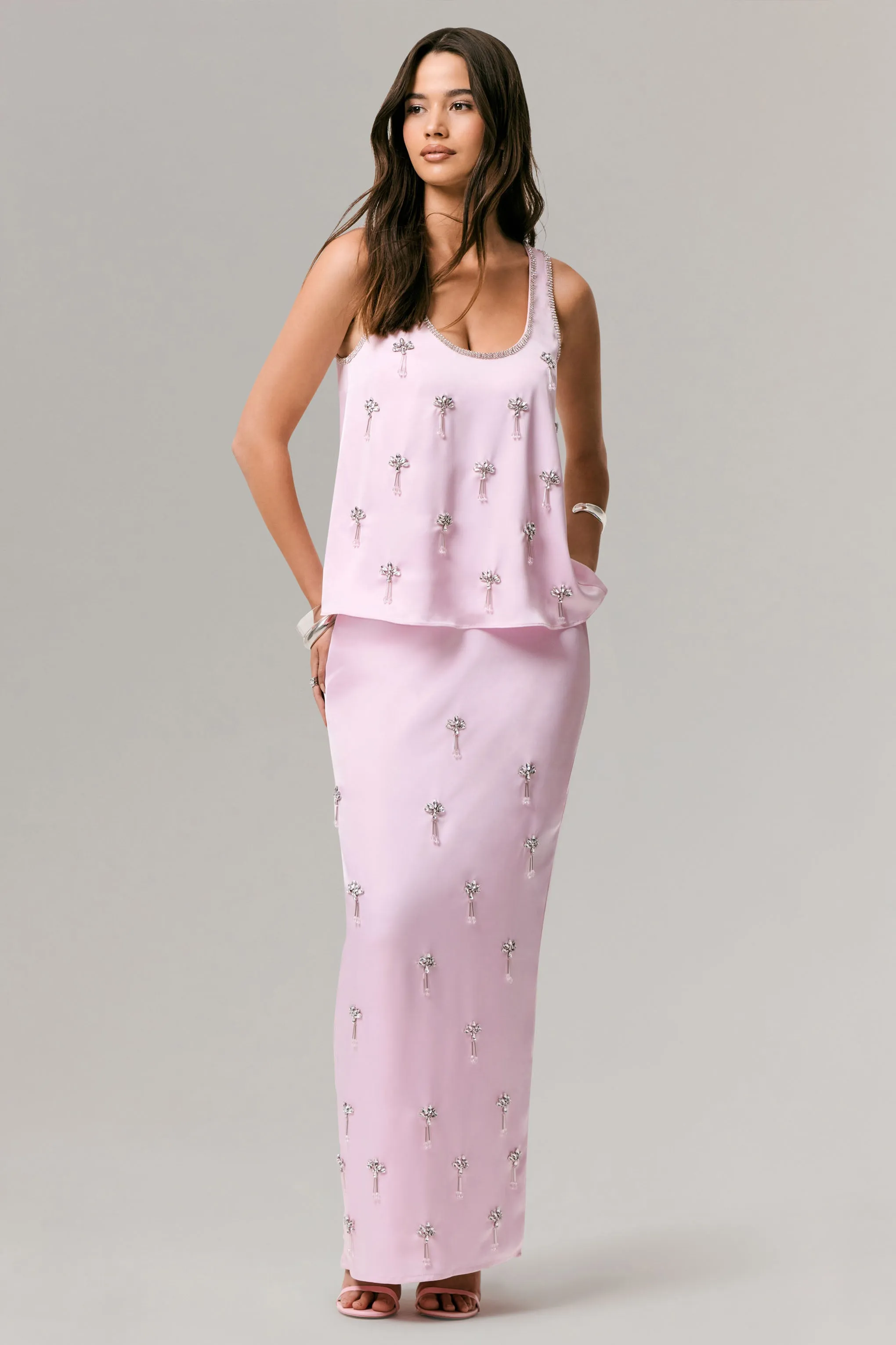 Lena | Pink Satin Embellished Maxi Skirt sold by Club L London