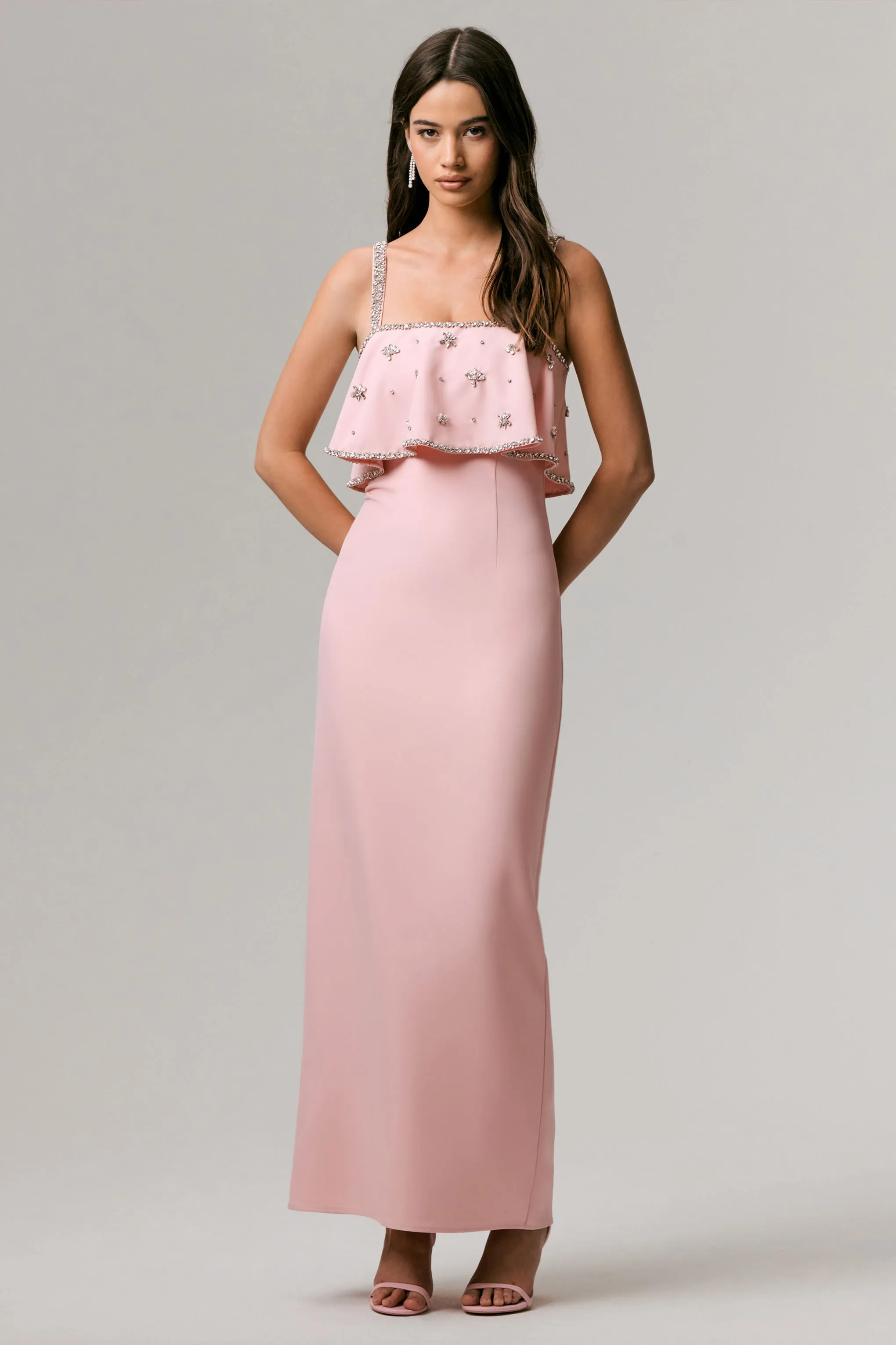 Scarlet | Pale Pink Square-Neck Embellished Maxi Dress sold by Club L London
