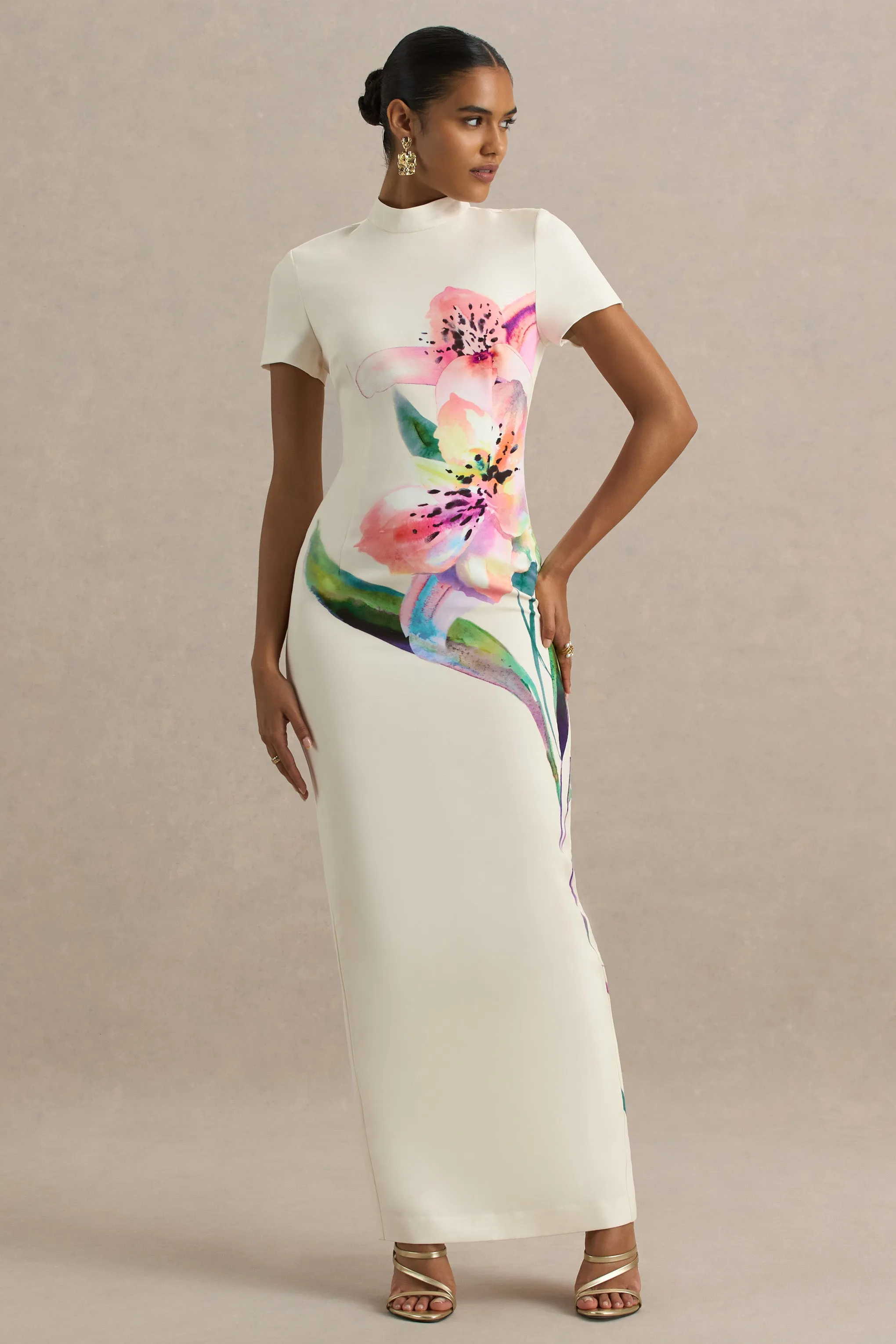 Hessie | White Lily Print High-Neck Maxi Dress sold by Club L London product image thumbnail 4