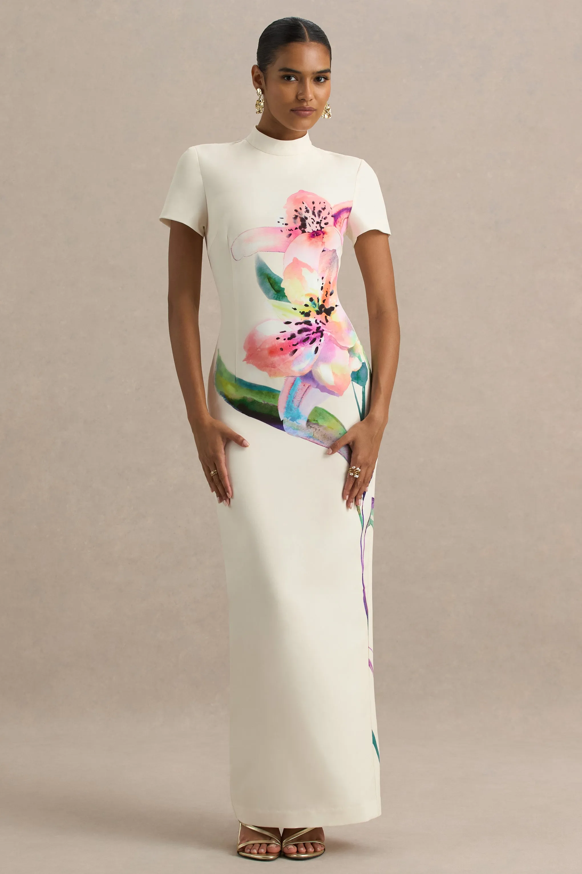 Hessie | White Lily Print High-Neck Maxi Dress sold by Club L London