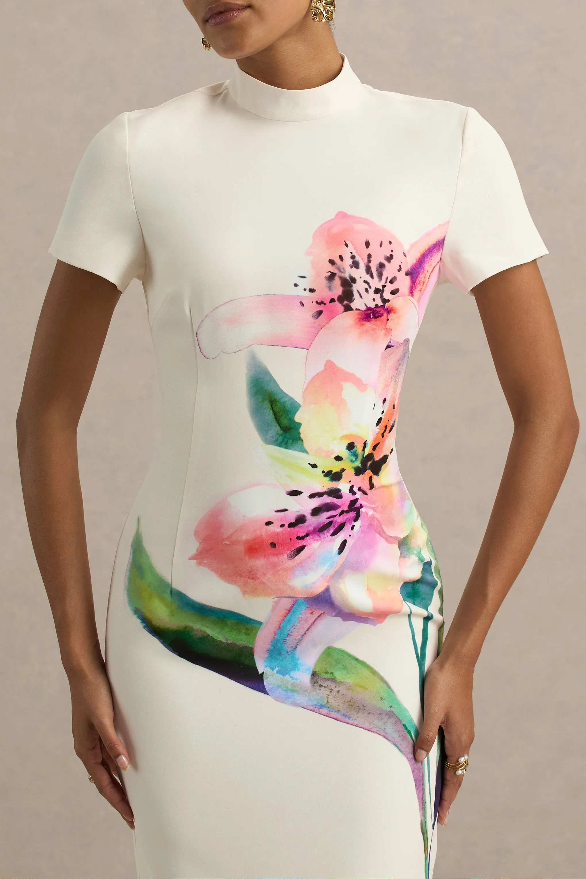 Hessie | White Lily Print High-Neck Maxi Dress sold by Club L London product image thumbnail 5