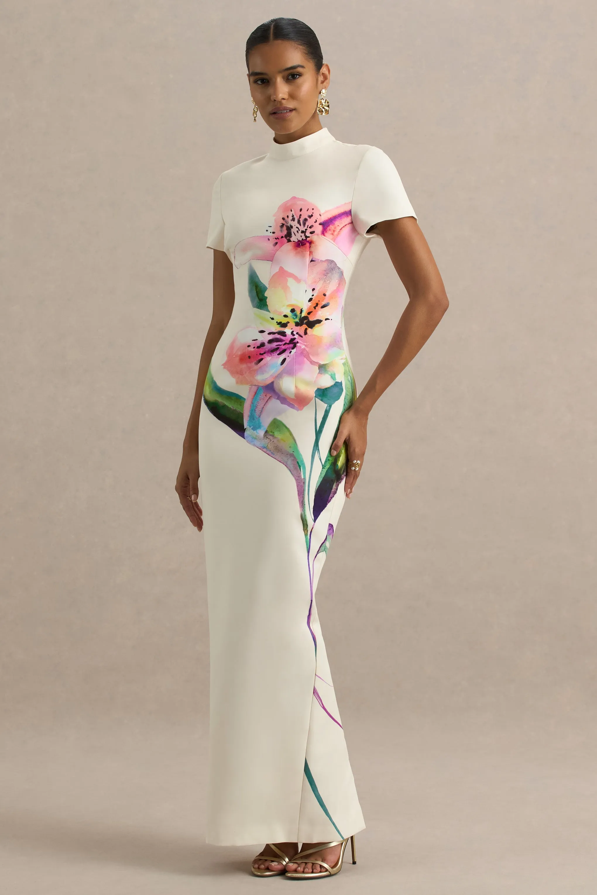 Hessie | White Lily Print High-Neck Maxi Dress sold by Club L London product image thumbnail 3