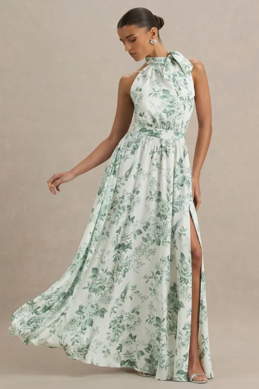 Talia | Green Floral Print High-Neck Maxi Dress With Front High Split sold by Club L London