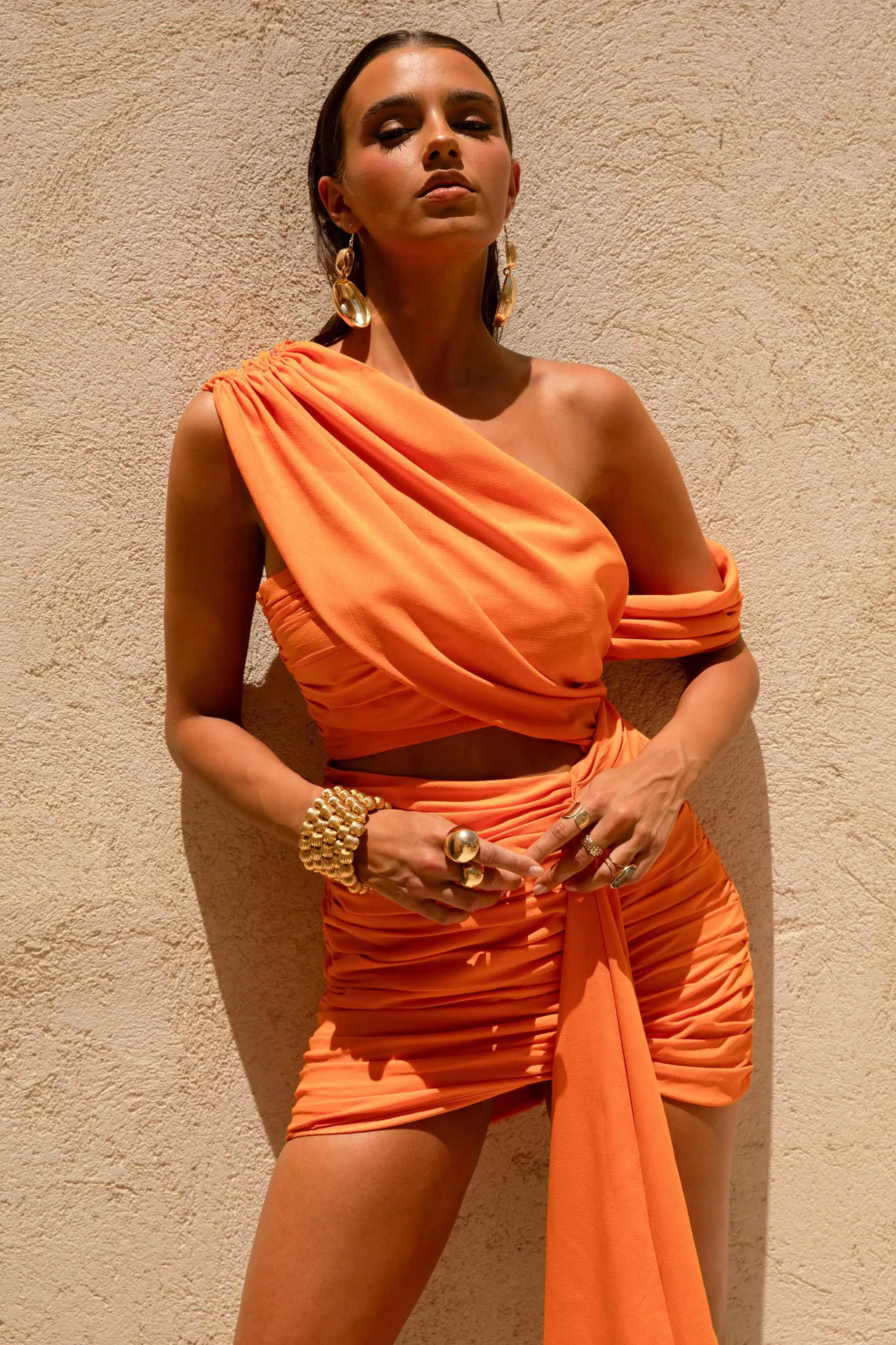Margo | Orange Linen Asymmetric Mini Dress with Cut-Out Details sold by Club L London product image thumbnail 3
